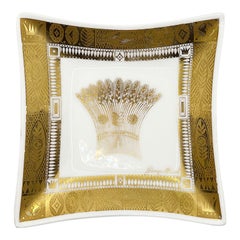 Art Deco Style Georges Briard Milk Glass Trinket Dish with Golden Harvest Design