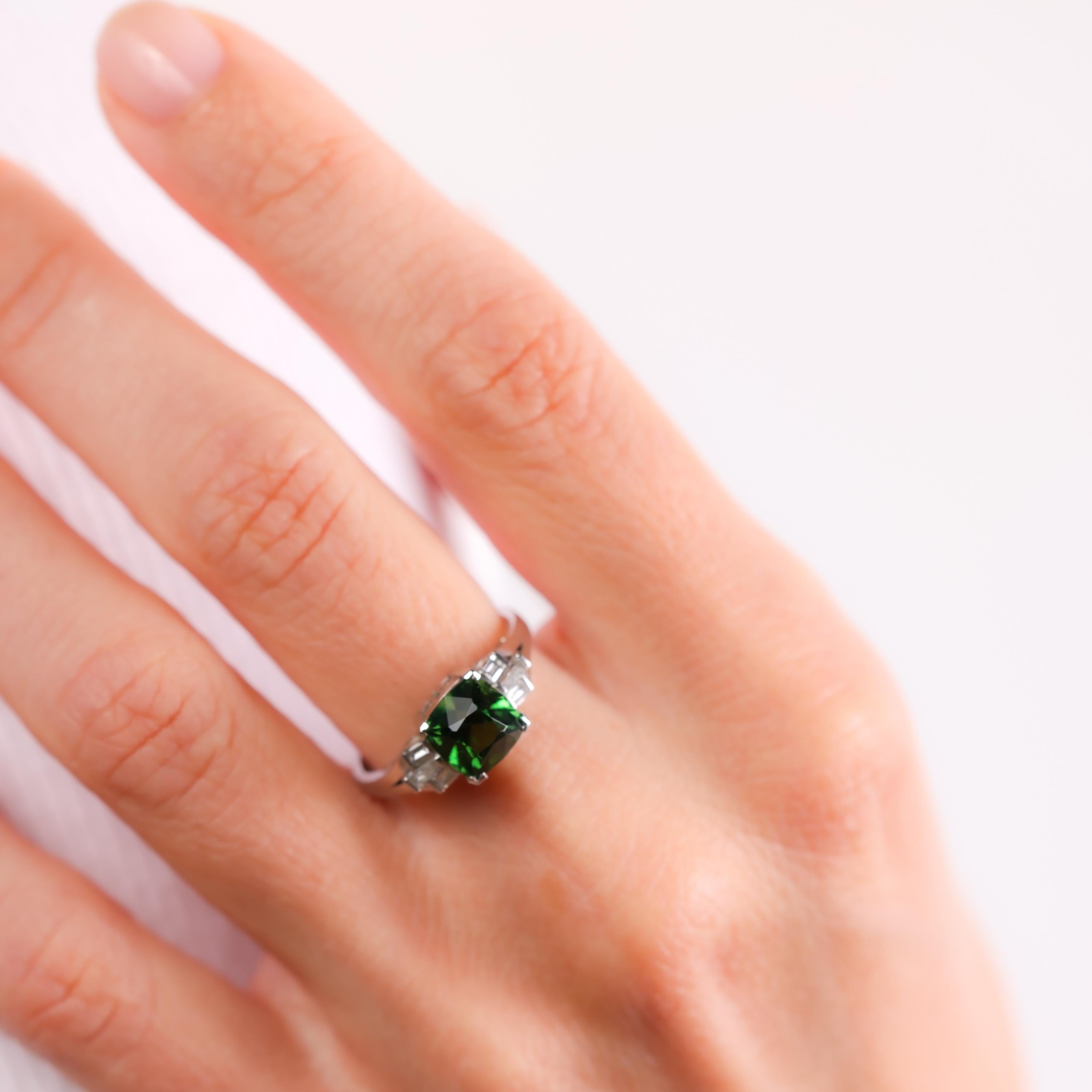 Cushion Cut Art Deco style GIA 1.63 carat green tourmaline diamond platinum ring