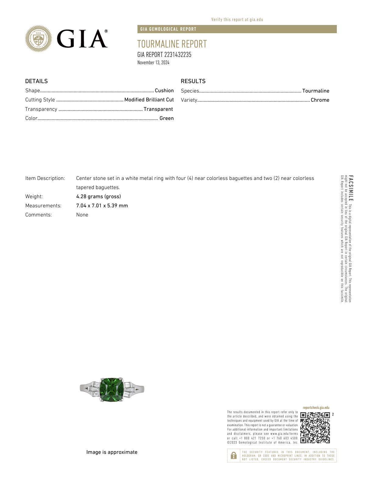 Art Deco style GIA 1.63 carat green tourmaline diamond platinum ring In Excellent Condition In Beverly Hills, CA