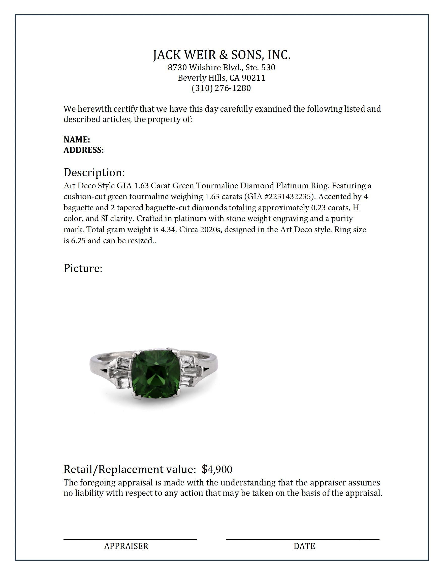 Women's or Men's Art Deco style GIA 1.63 carat green tourmaline diamond platinum ring