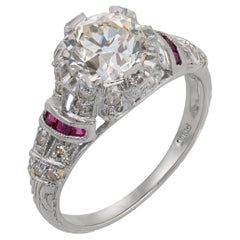 Art Deco style GIA 1.63 old European cut diamond ruby platinum engagement ring