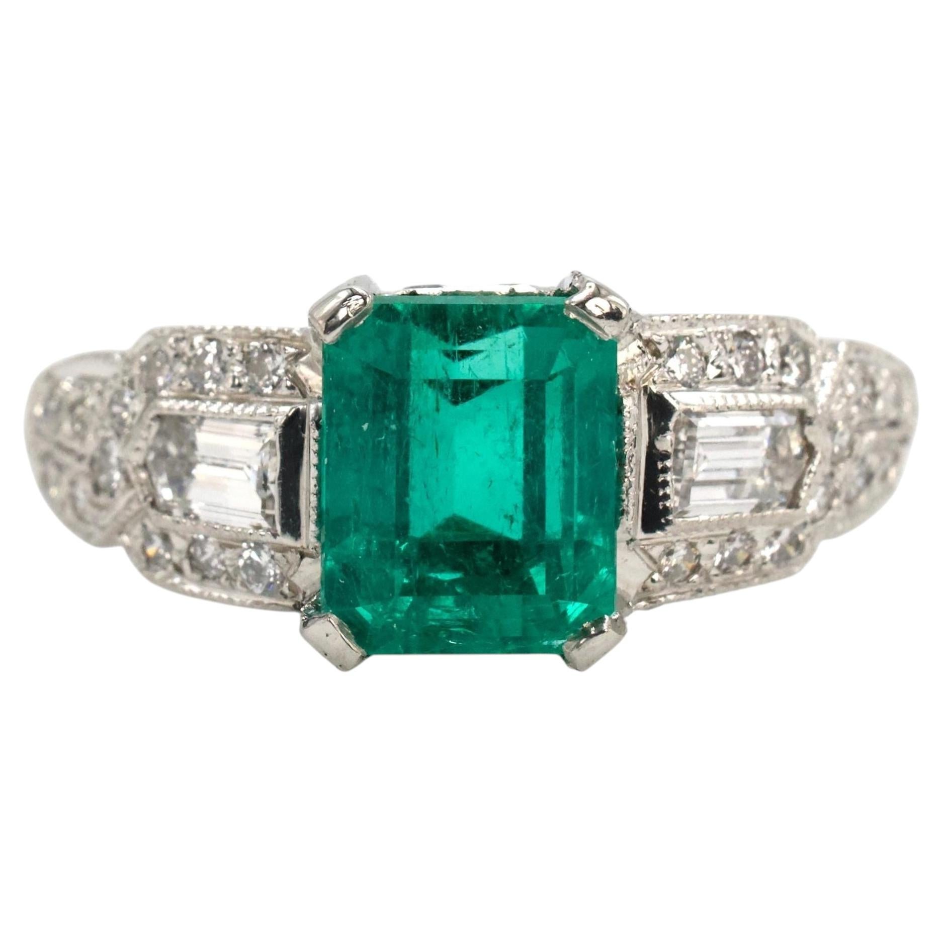 Art Deco Style GIA 1.78 Carat Colombian Emerald and Diamond Ring