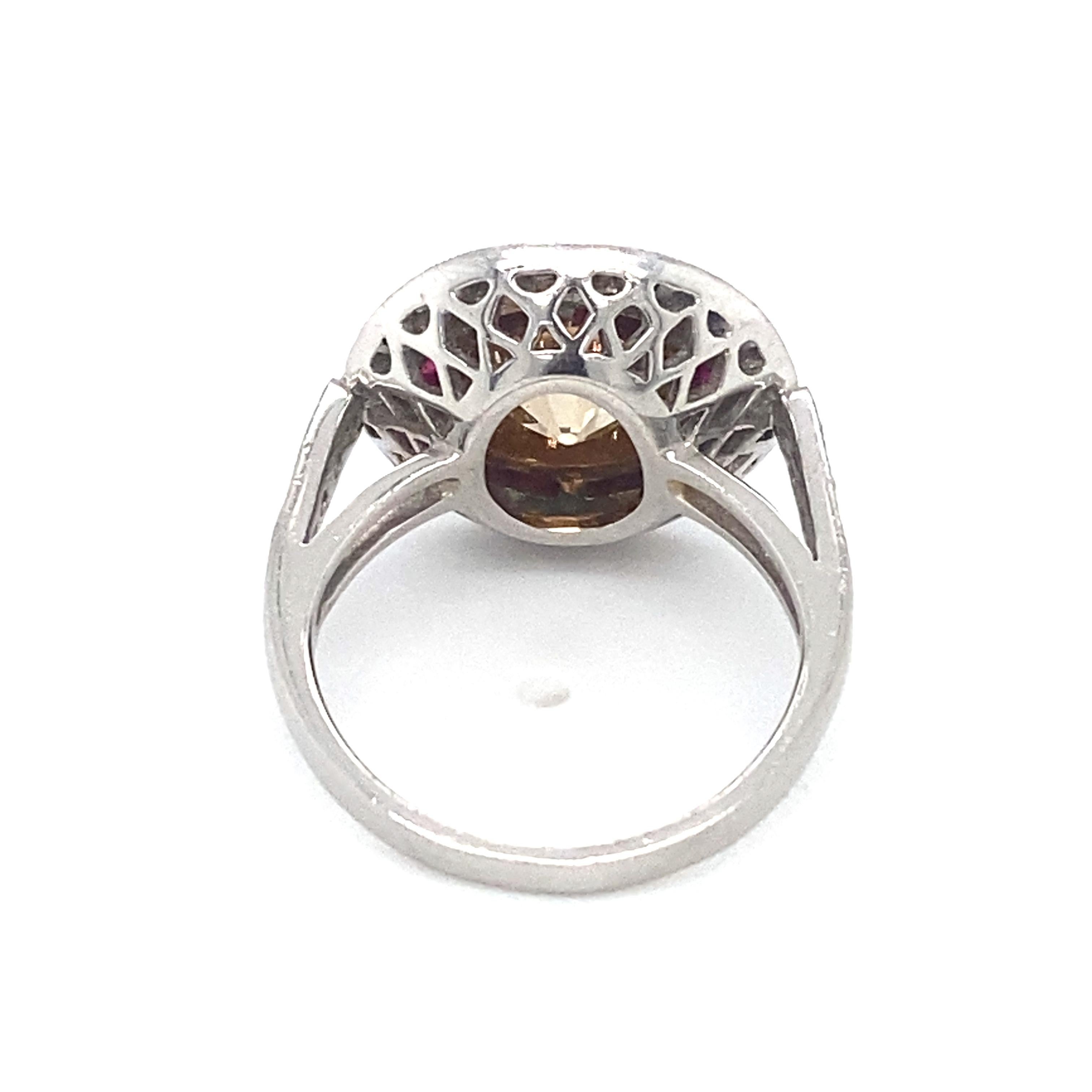 Old European Cut Art Deco Style GIA 2.18ct Brown Diamond and Ruby Engagement Ring in Platinum For Sale