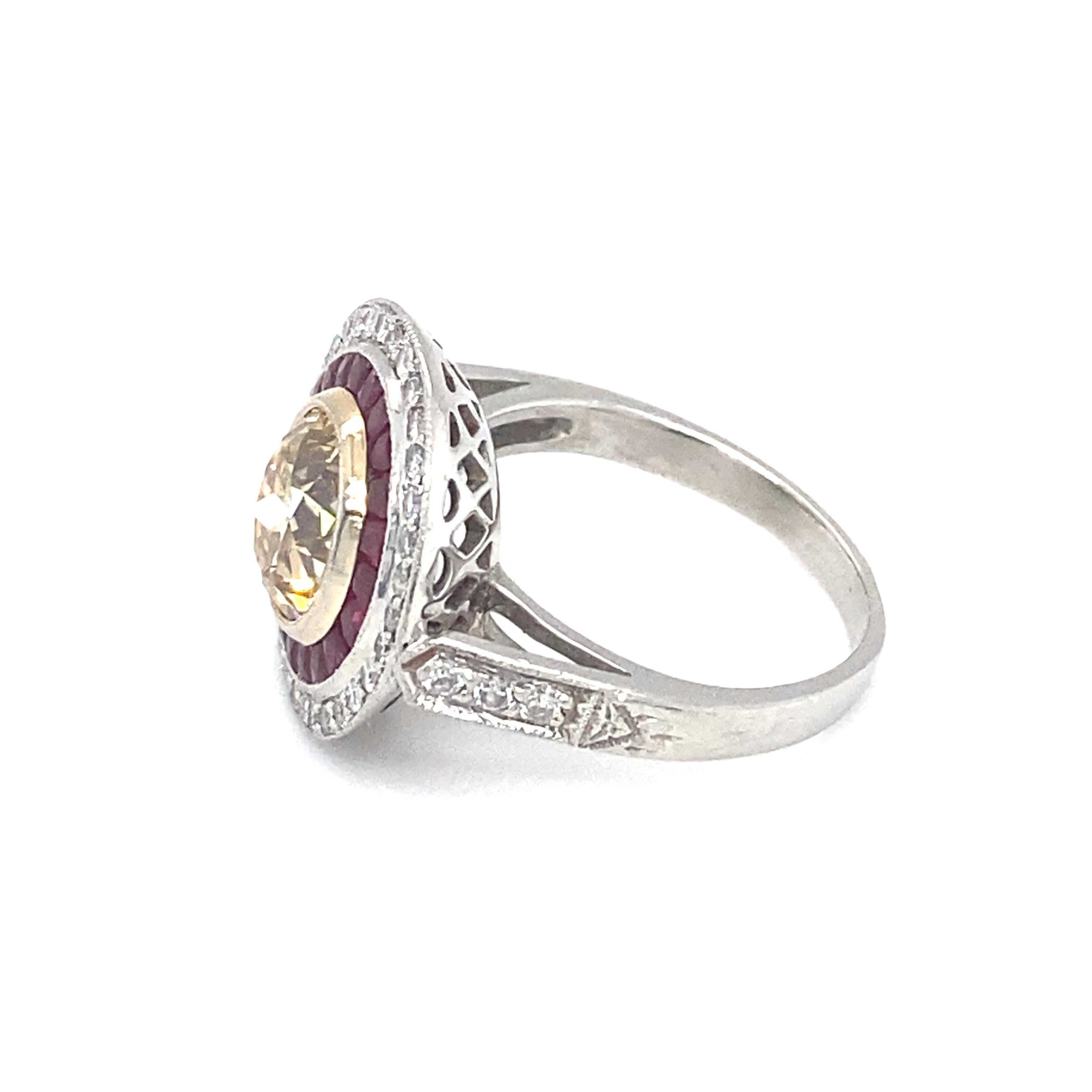Art Deco Style GIA 2.18ct Brown Diamond and Ruby Engagement Ring in Platinum In Good Condition For Sale In Atlanta, GA