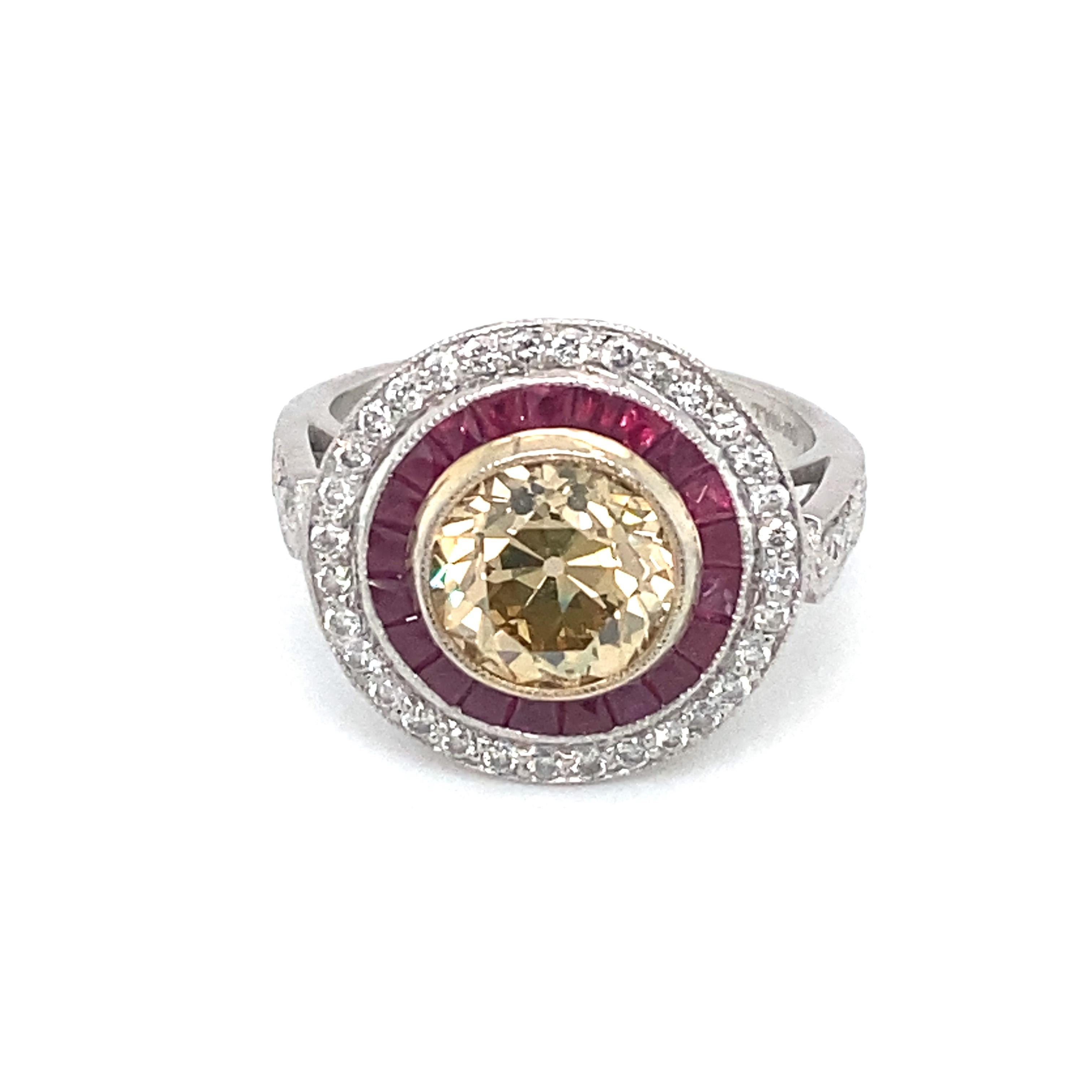 Women's or Men's Art Deco Style GIA 2.18ct Brown Diamond and Ruby Engagement Ring in Platinum For Sale
