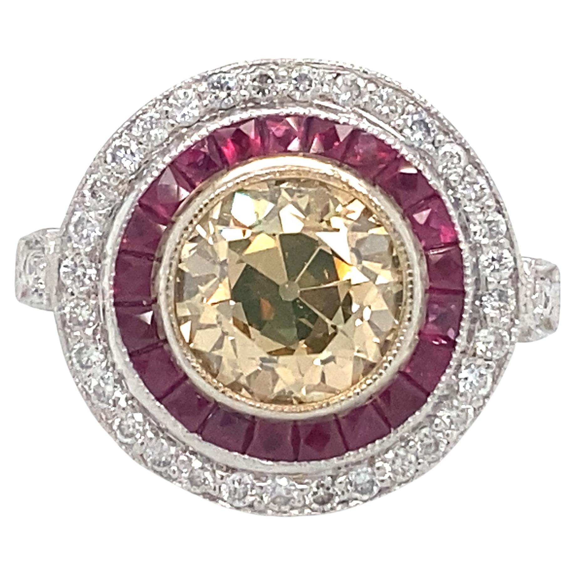 Art Deco Style GIA 2.18ct Brown Diamond and Ruby Engagement Ring in Platinum