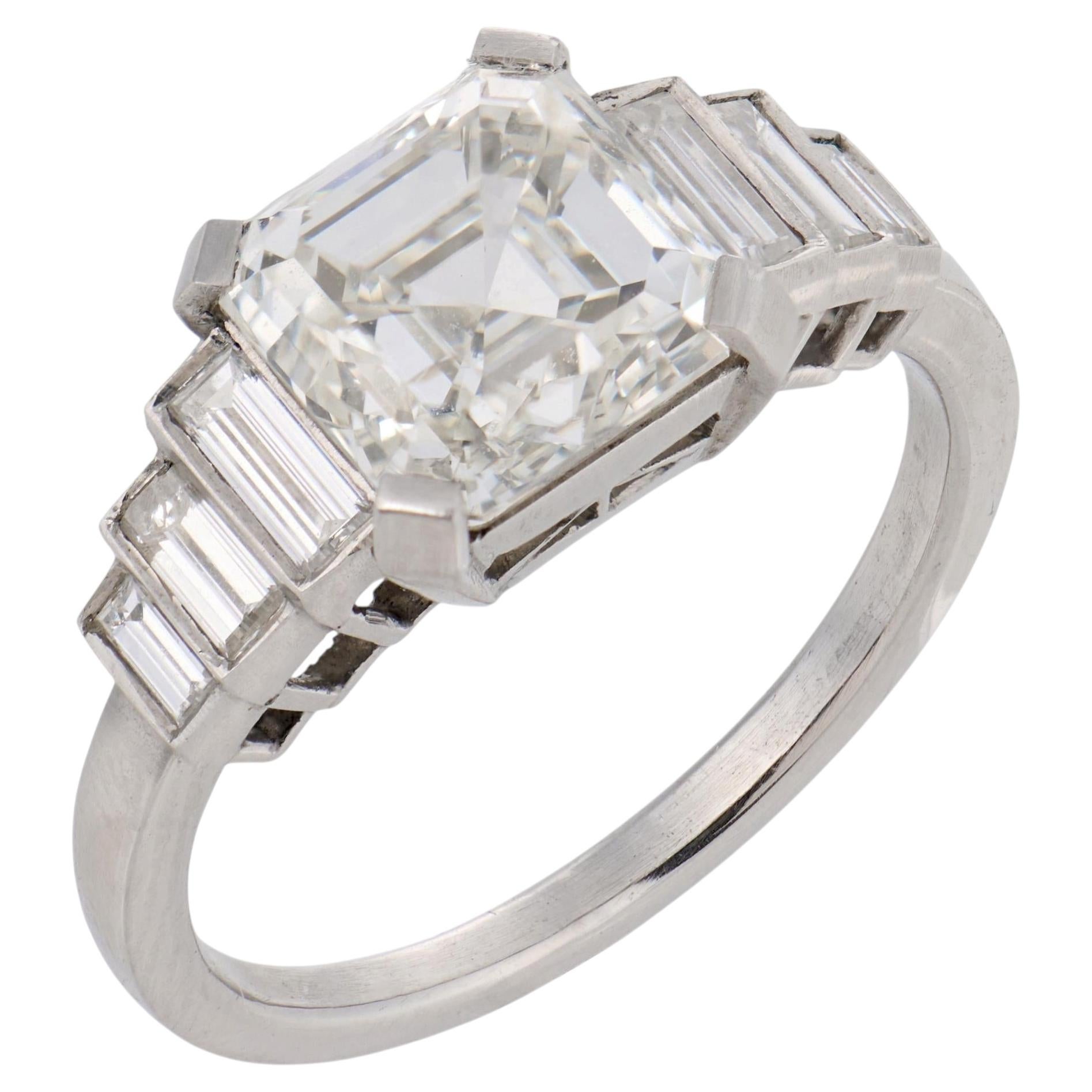 Art Deco style GIA 3.00 carat Asscher cut diamond platinum engagement ring