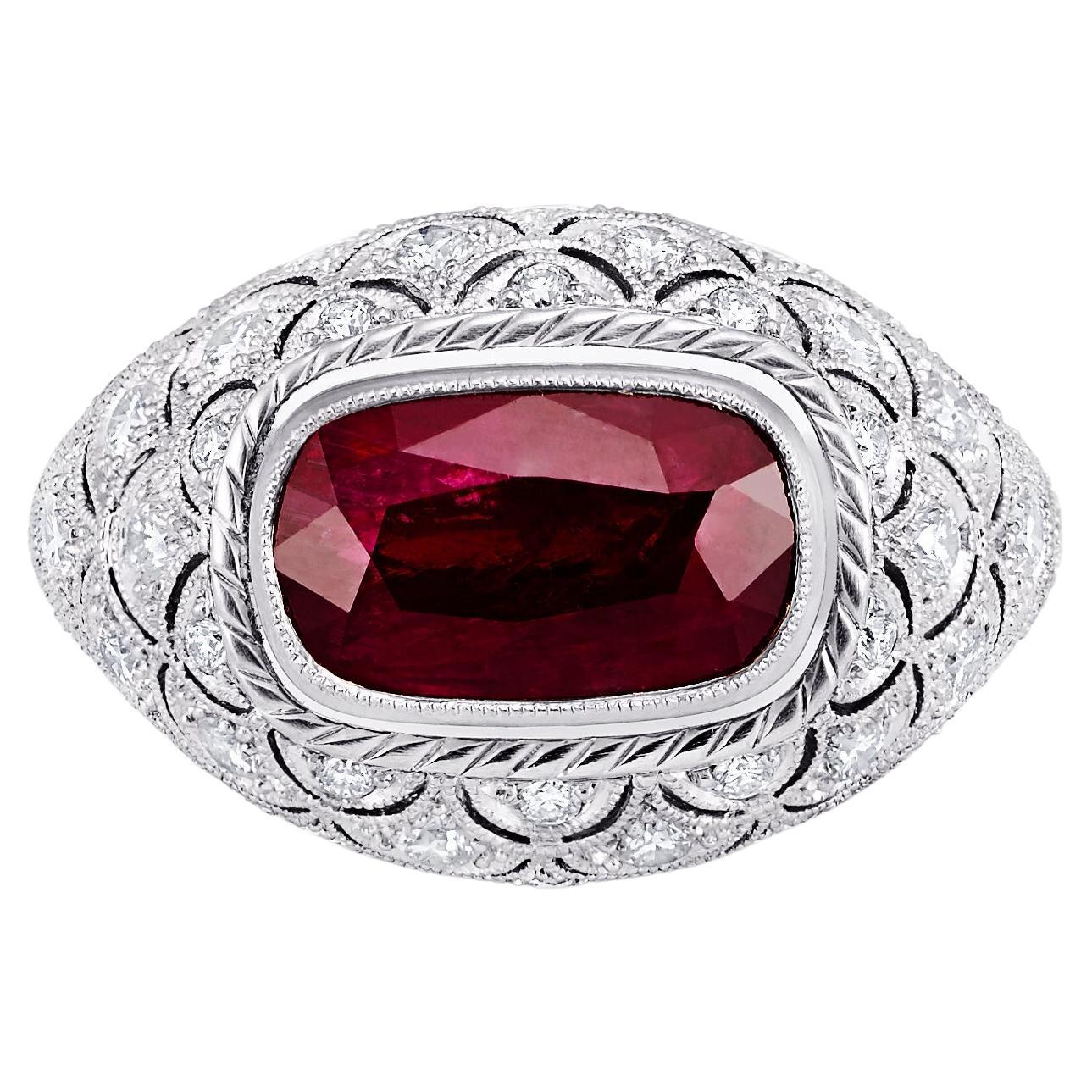 Art Deco Style GIA 4.29 CT Ruby Diamond 5.49 TCW Platinum Engagement Ring