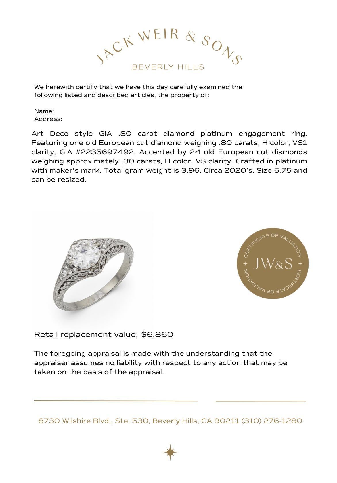 Bague de fiançailles en platine avec un diamant de 0,80 carat GIA de style Art Déco en vente 3