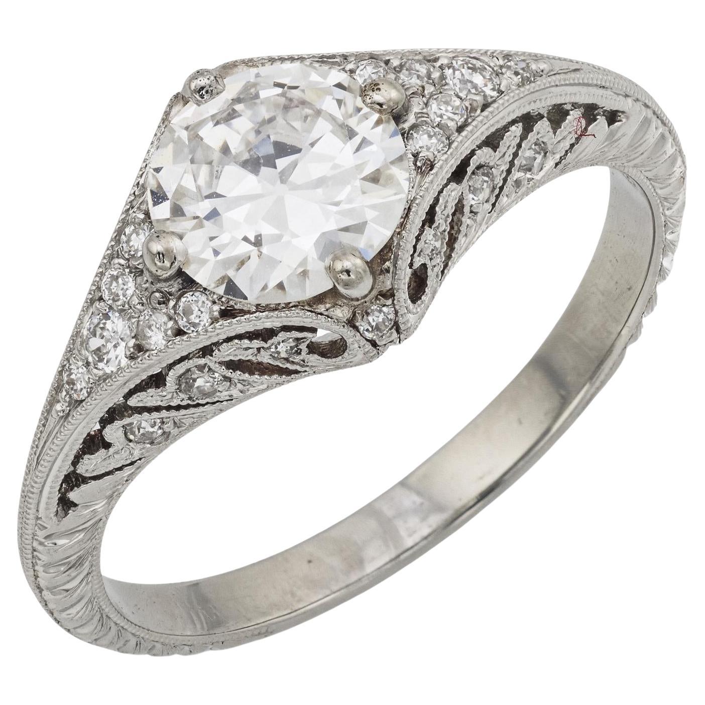 Bague de fiançailles en platine avec un diamant de 0,80 carat GIA de style Art Déco