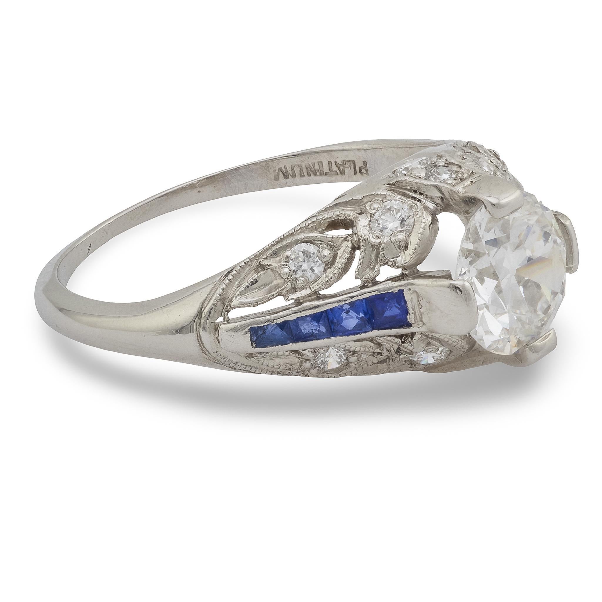 Old European Cut Art Deco style GIA .98 carat diamond sapphire platinum engagement ring For Sale