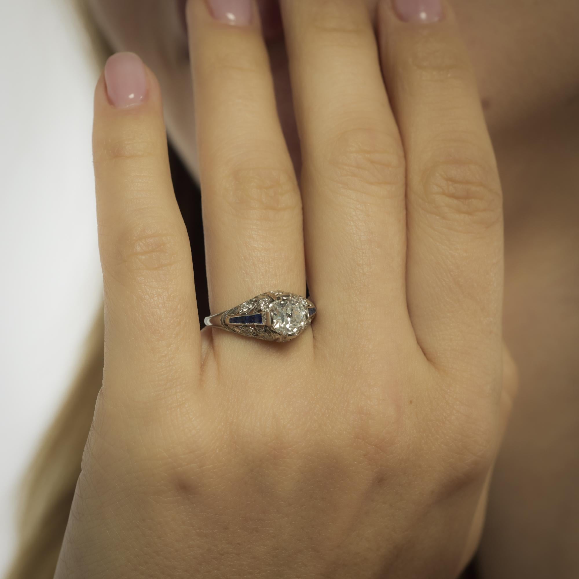 Women's Art Deco style GIA .98 carat diamond sapphire platinum engagement ring For Sale