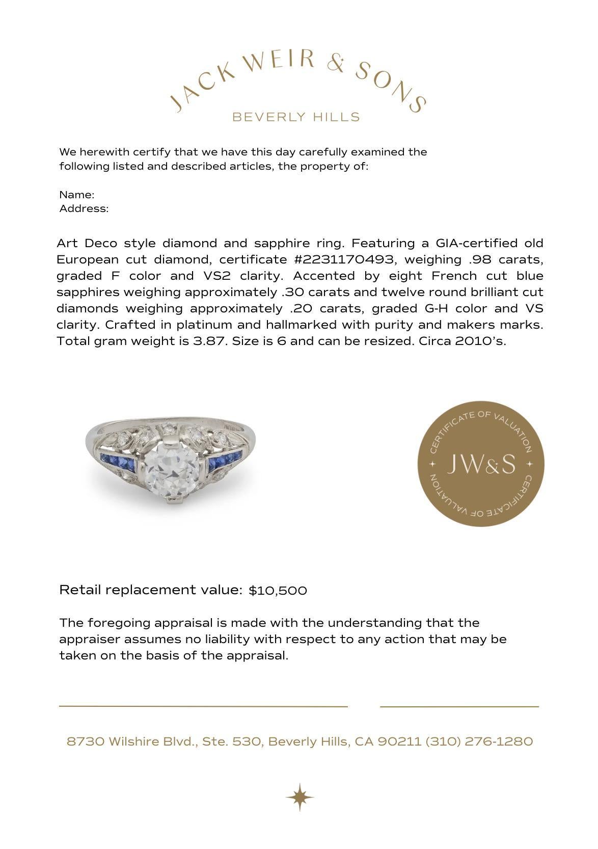 Art Deco style GIA .98 carat diamond sapphire platinum engagement ring For Sale 2