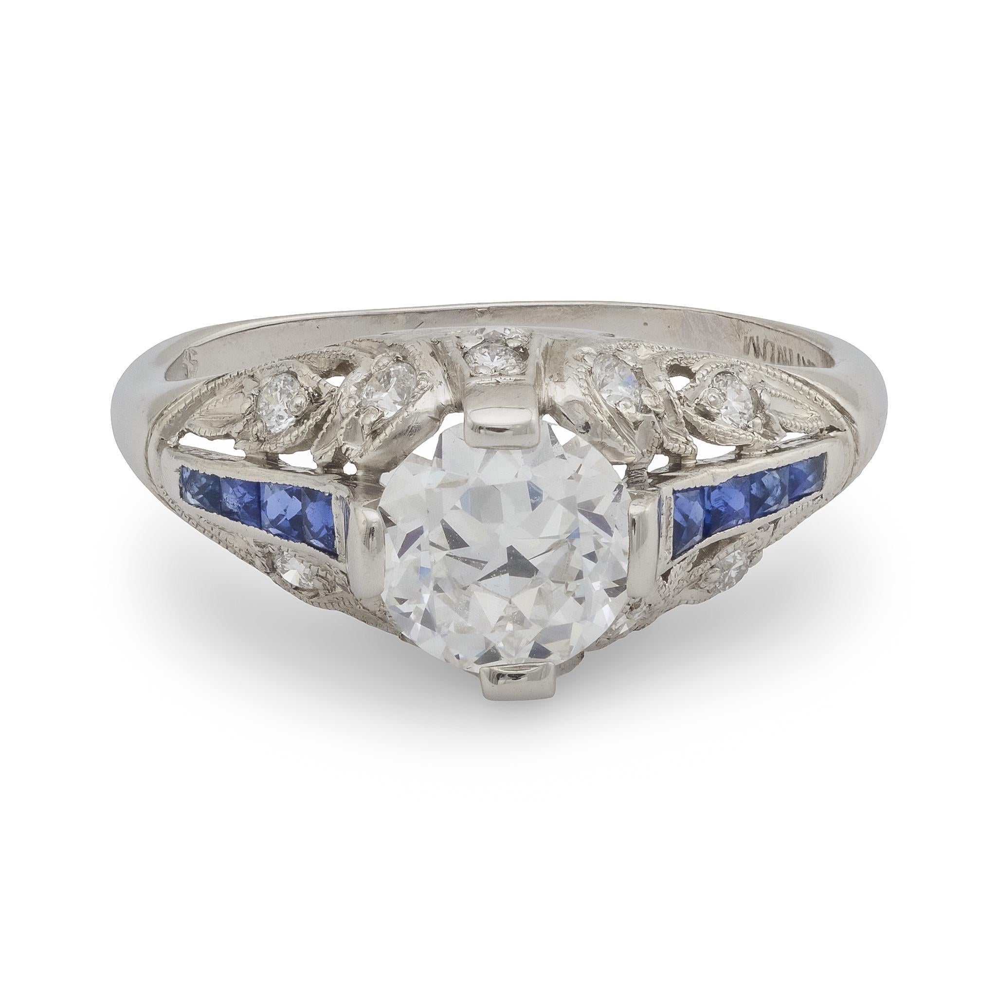 Art Deco style GIA .98 carat diamond sapphire platinum engagement ring For Sale 3