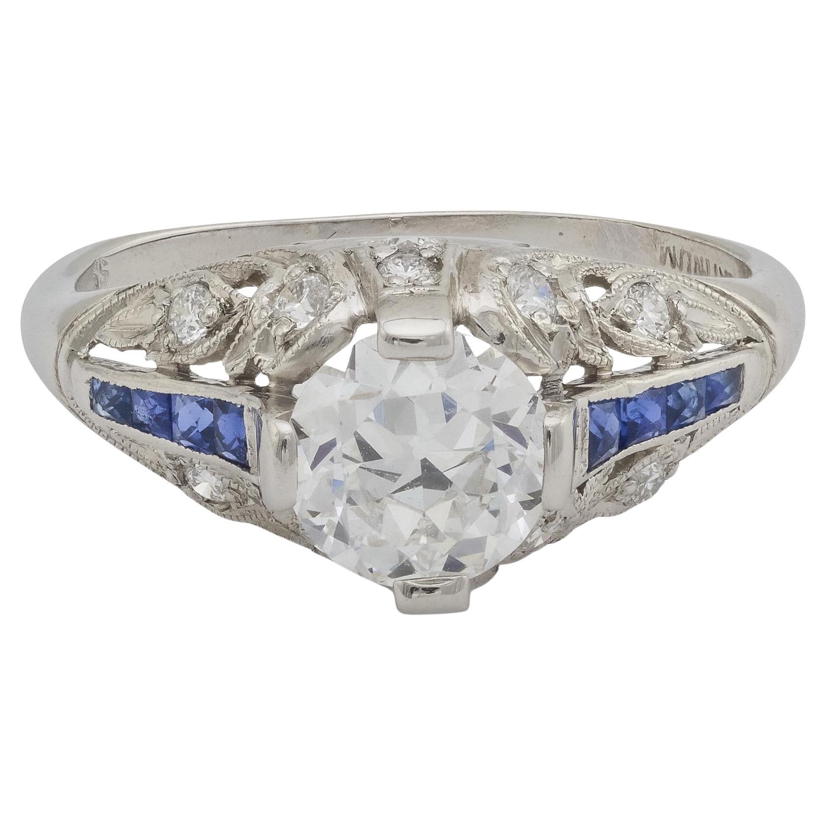 Art Deco style GIA .98 carat diamond sapphire platinum engagement ring For Sale
