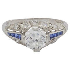 Art Deco style GIA .98 carat diamond sapphire platinum engagement ring