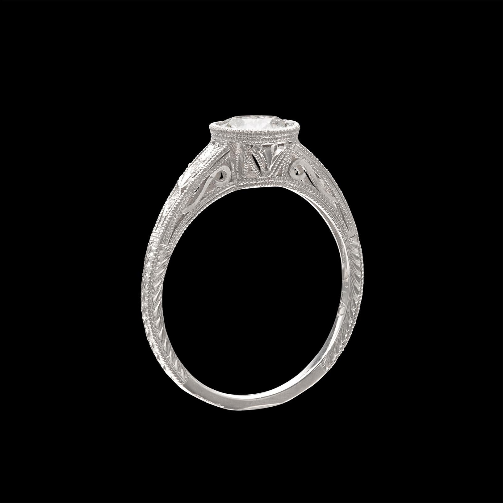 Round Cut Art Deco Style GIA Bezel Set Diamond Ring For Sale