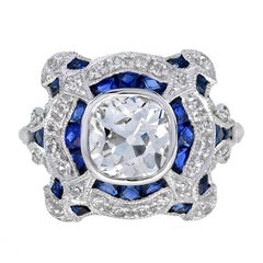 Art Deco Style GIA Certified 1.52 Carat Diamond Sapphire Ring in 18K White Gold