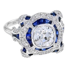 Vintage Art Deco Style GIA Certified 1.52 Carat Diamond Sapphire Ring in 18K White Gold
