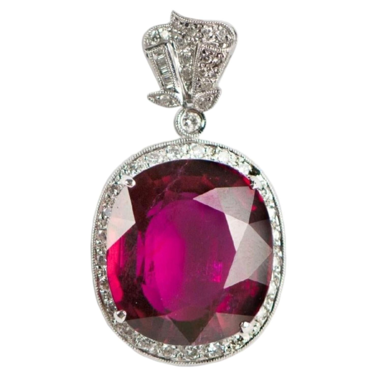 Art Deco Style GIA Certified 22.3 Carat Rubellite Diamond Pendant 18K White Gold