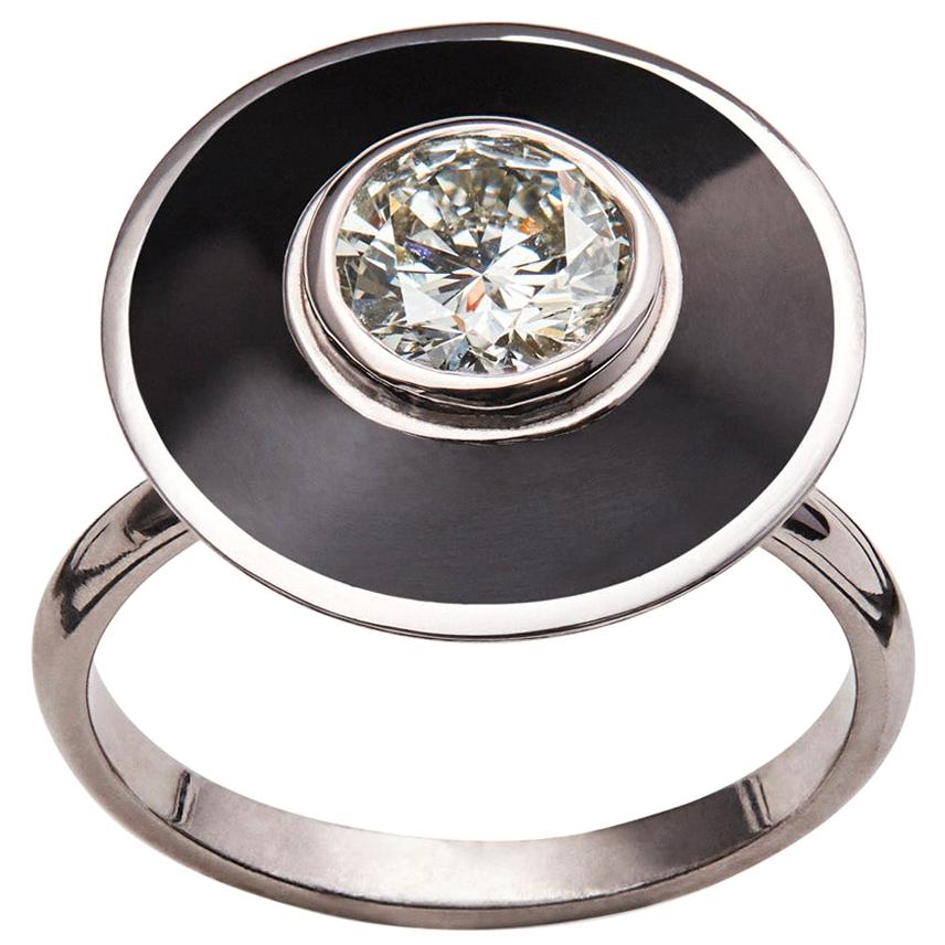 18K White Gold GIA Certified 1 Carat Diamond Black Enamel Art Deco Style Ring  For Sale
