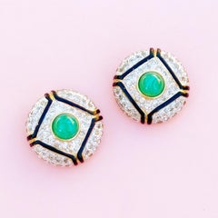 Art Deco Style Gilt, Green Glass & Crystal Pavé Earrings By Vogue Bijoux, 1980s