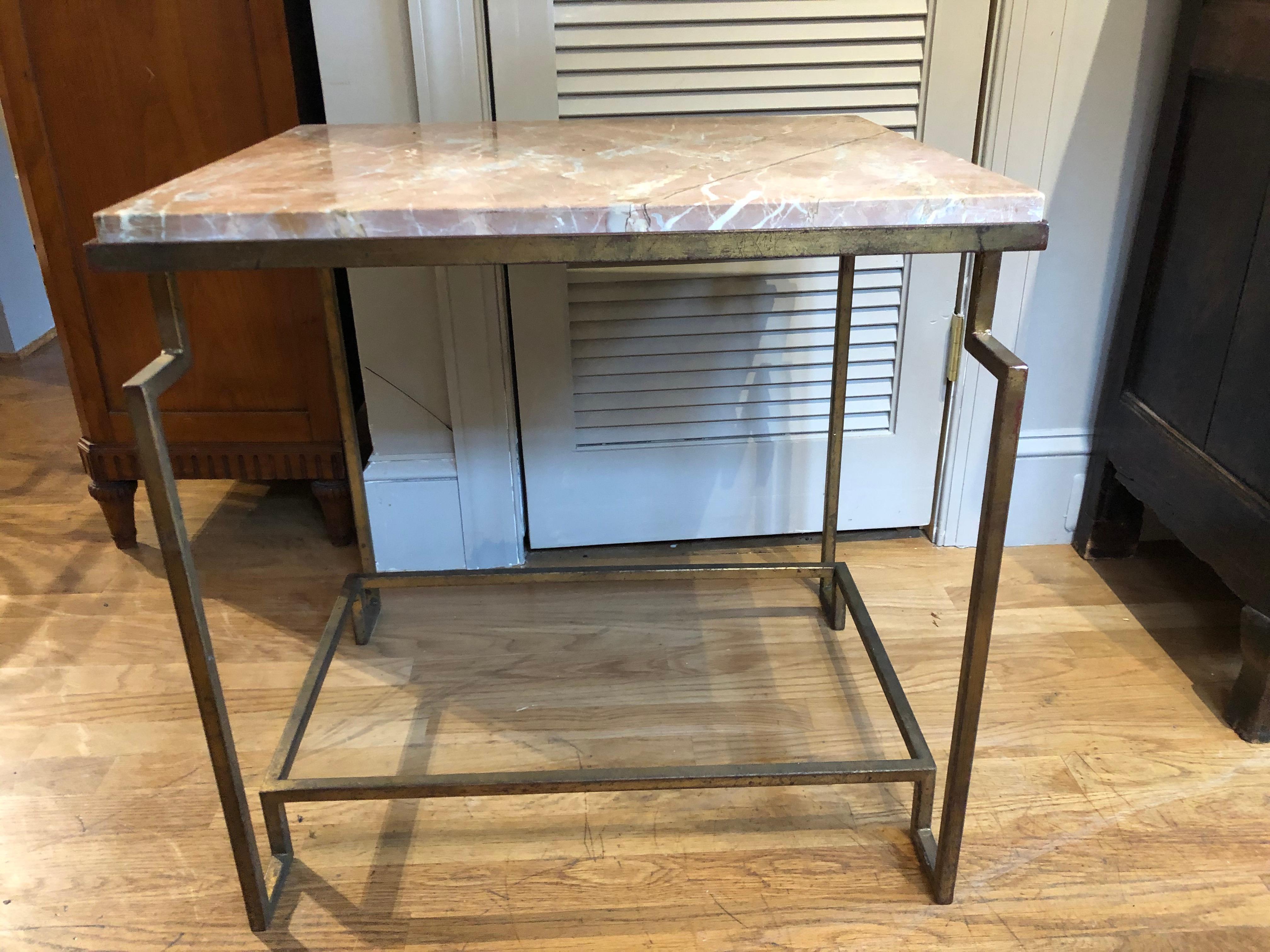 American Custom Designed Art Deco Style Gold Gilt Metal Fossilized Limestone Side Table For Sale