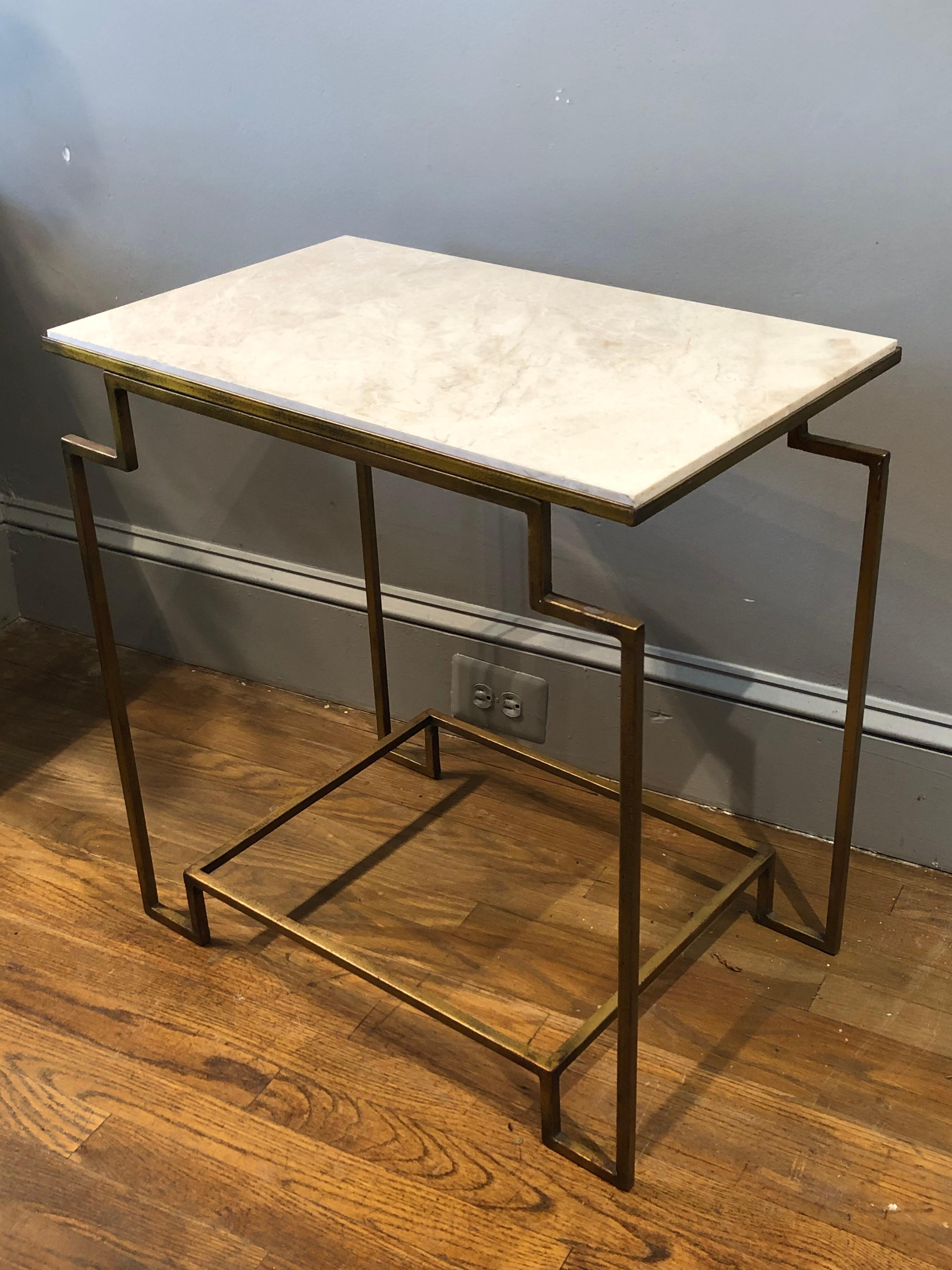 Contemporary Custom Designed Art Deco Style Gilt Metal & Tan Marble End Table For Sale