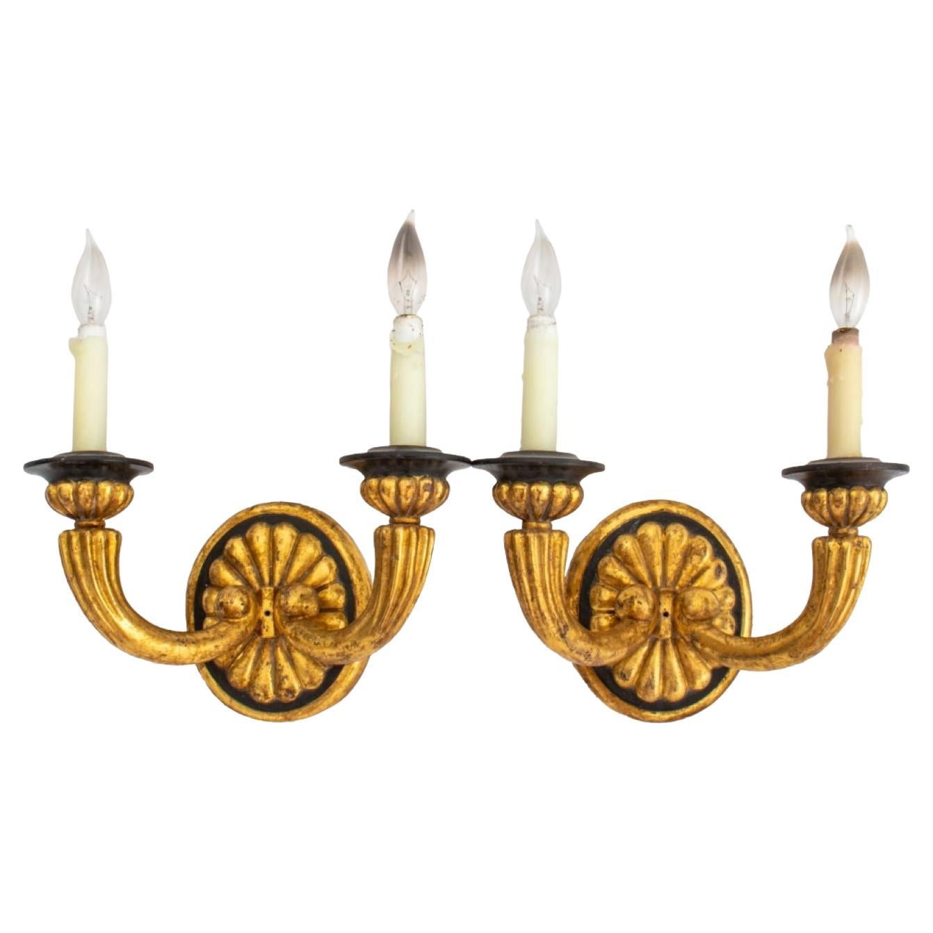 Art Deco Style Giltwood Two Light Sconces For Sale