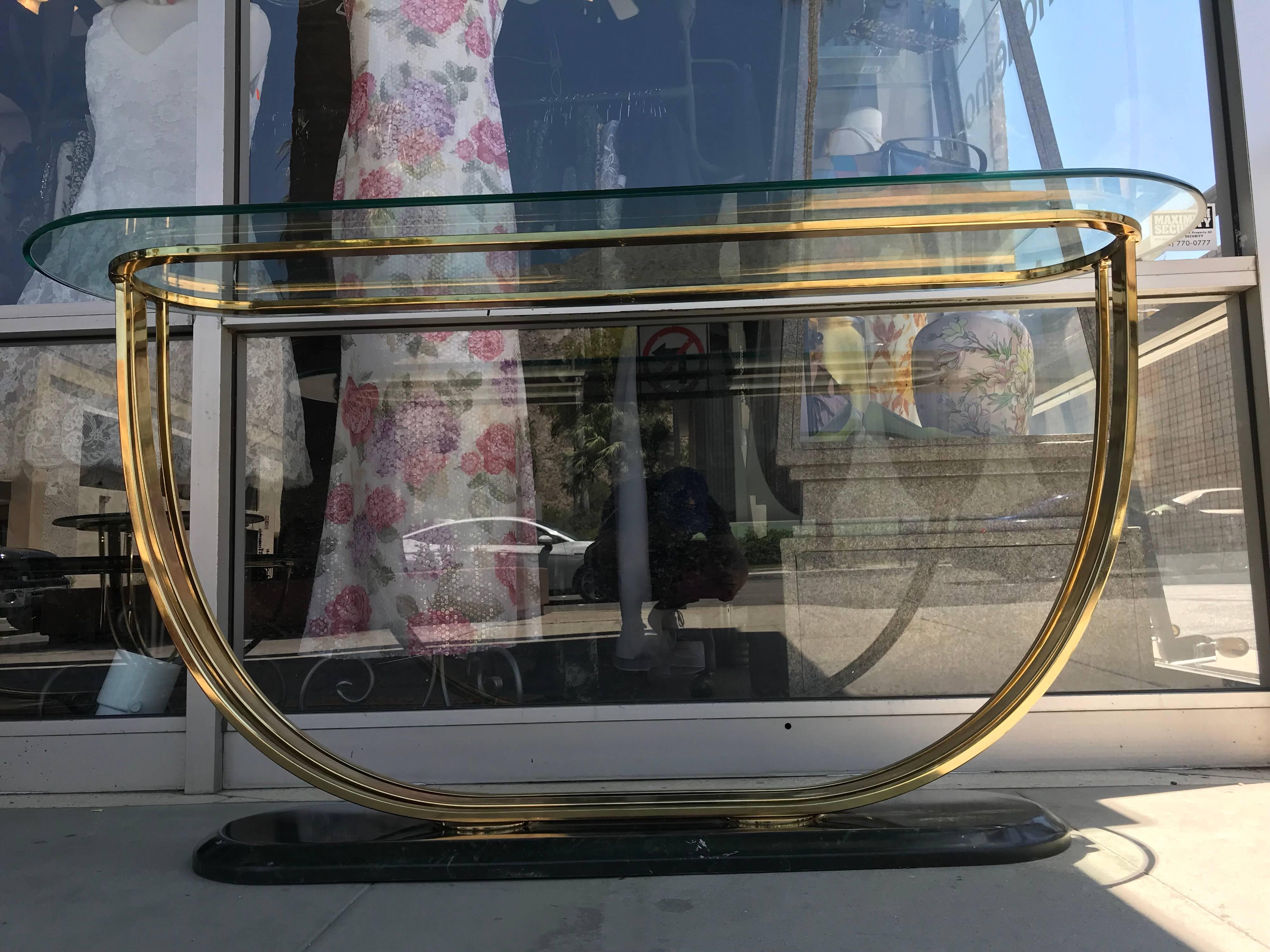 Art Deco Style Glass and Brass Console Table In Excellent Condition In Palm Springs, CA