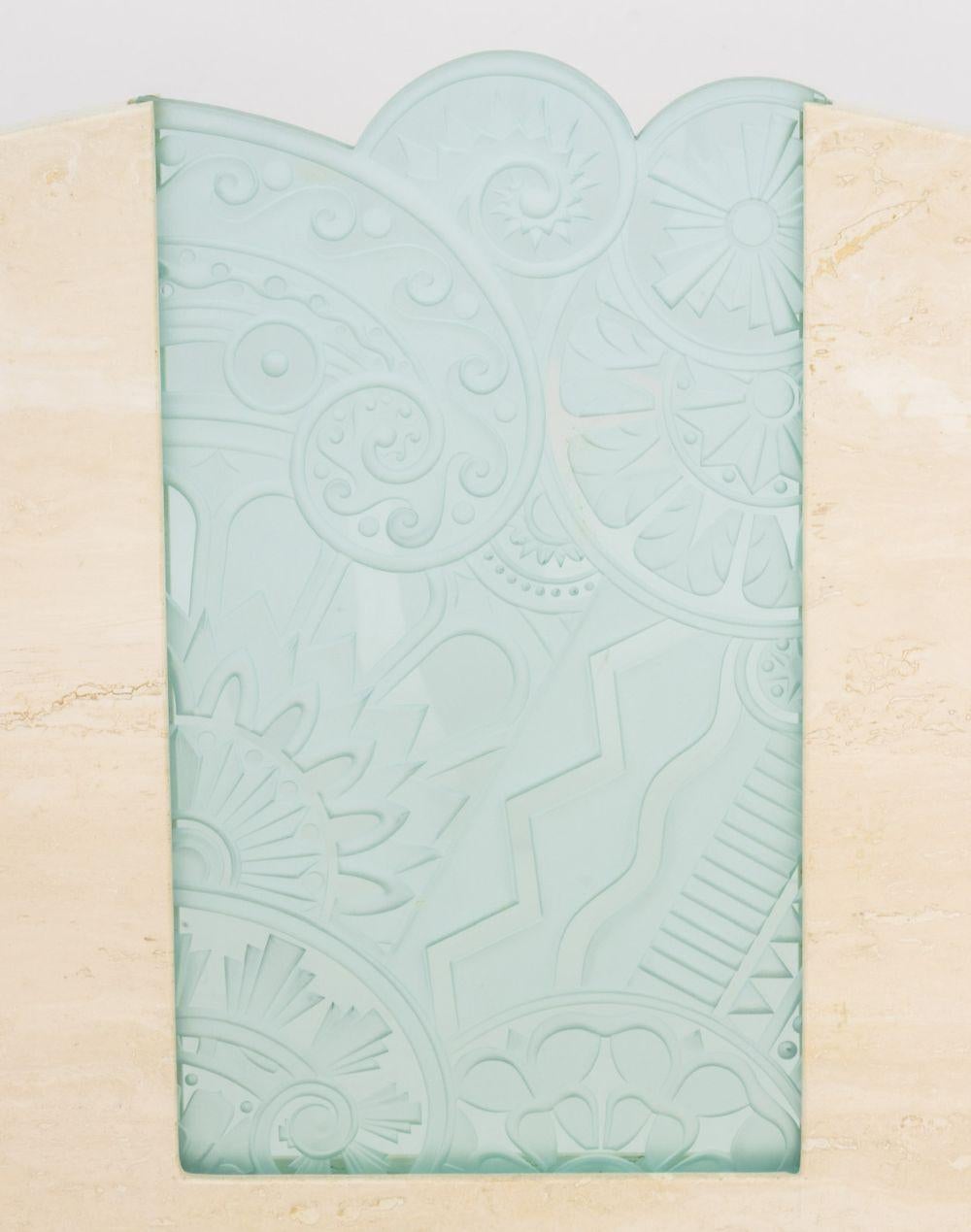 Art Deco Style Glass Top and Limestone Console Table, with geometric limestone base and central glass panel. 36