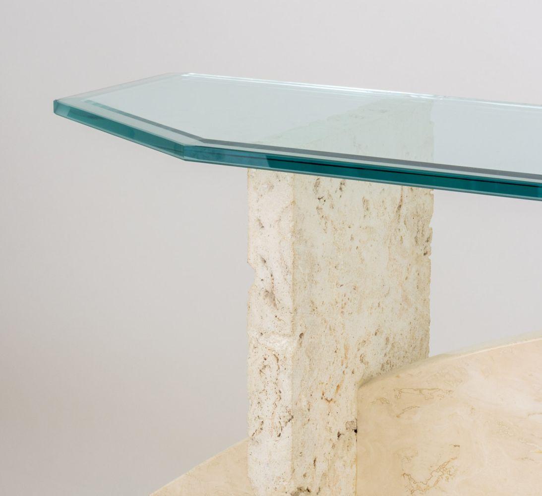 20th Century Art Deco Style Glass and Limestone Console Table For Sale
