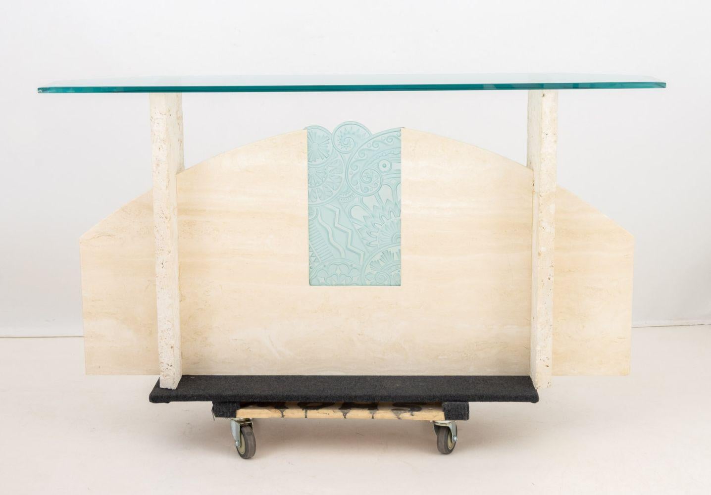 Art Deco Style Glass and Limestone Console Table For Sale 3