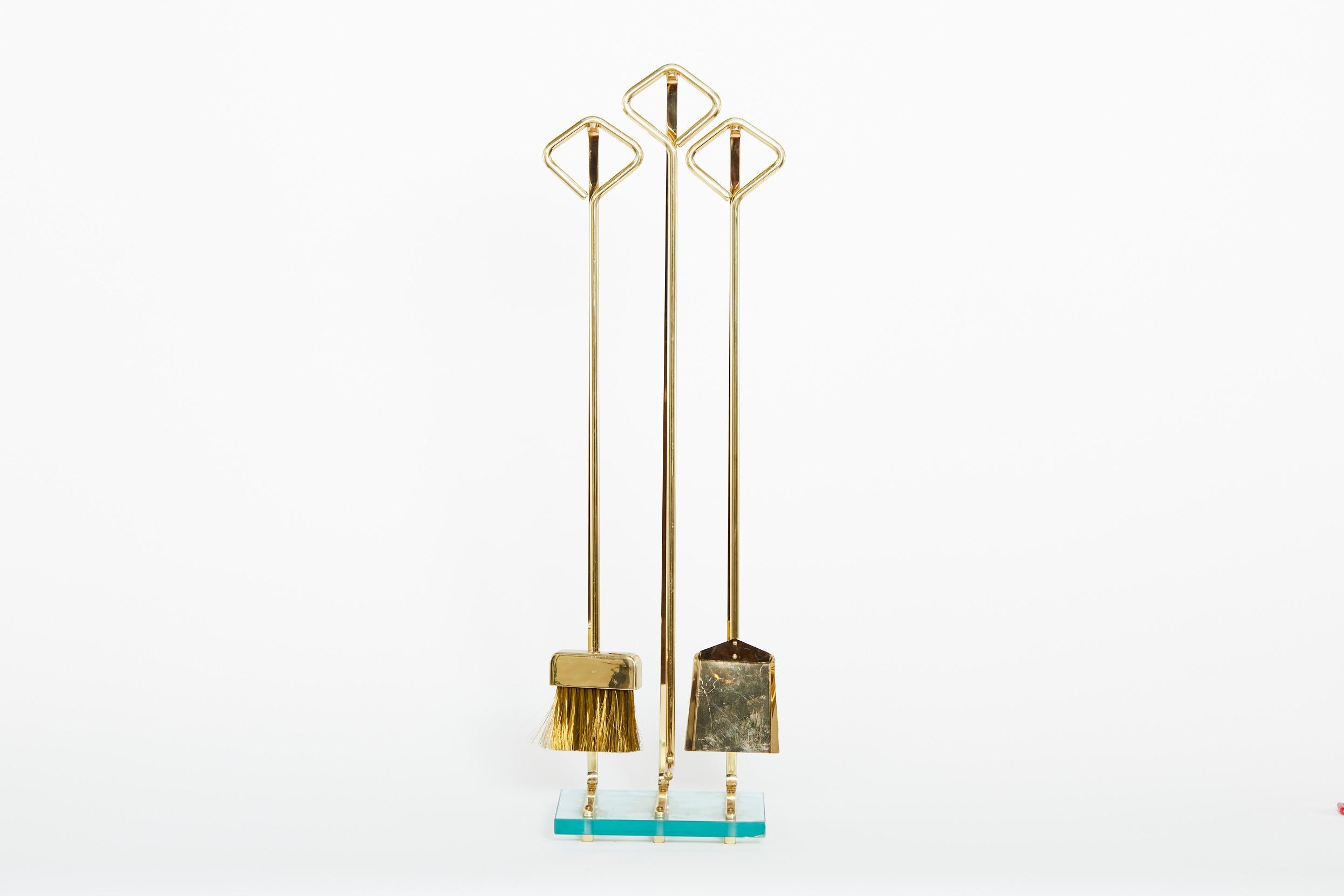 Art Deco Style Glass Base / Brass Italian Fire Tool Set For Sale 7