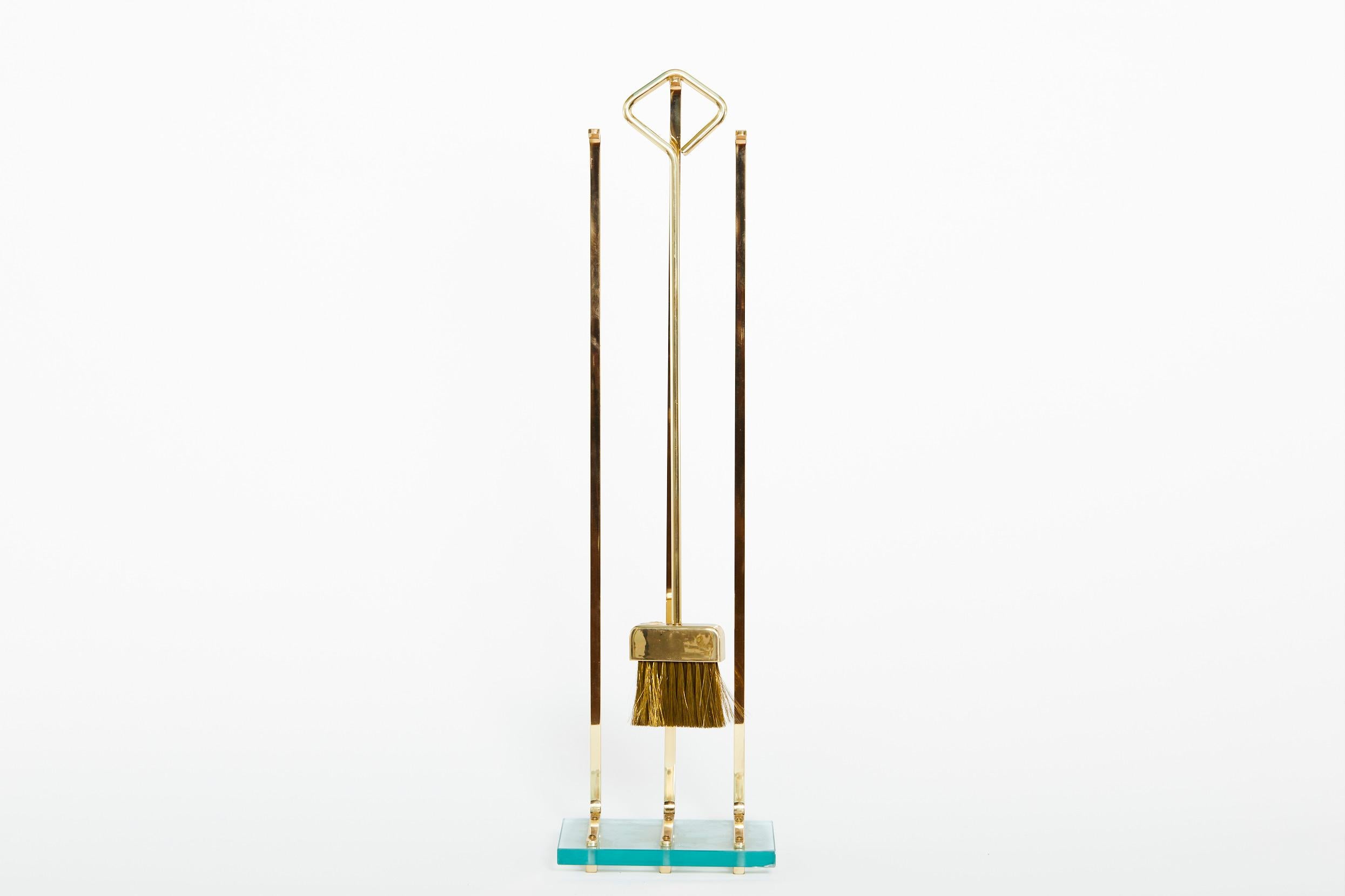 Gilt Art Deco Style Glass Base / Brass Italian Fire Tool Set For Sale