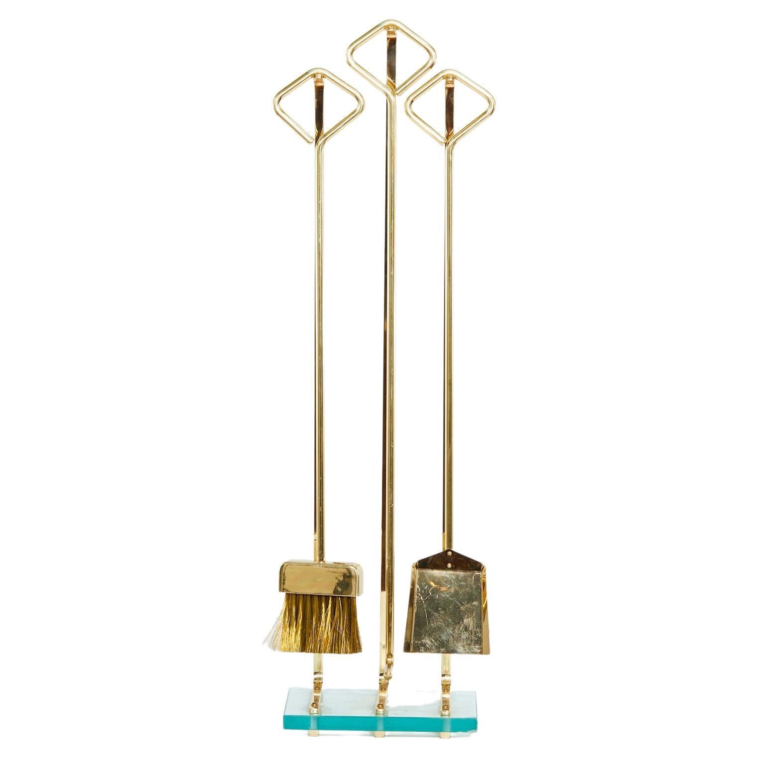 Art Deco Style Glass Base / Brass Italian Fire Tool Set