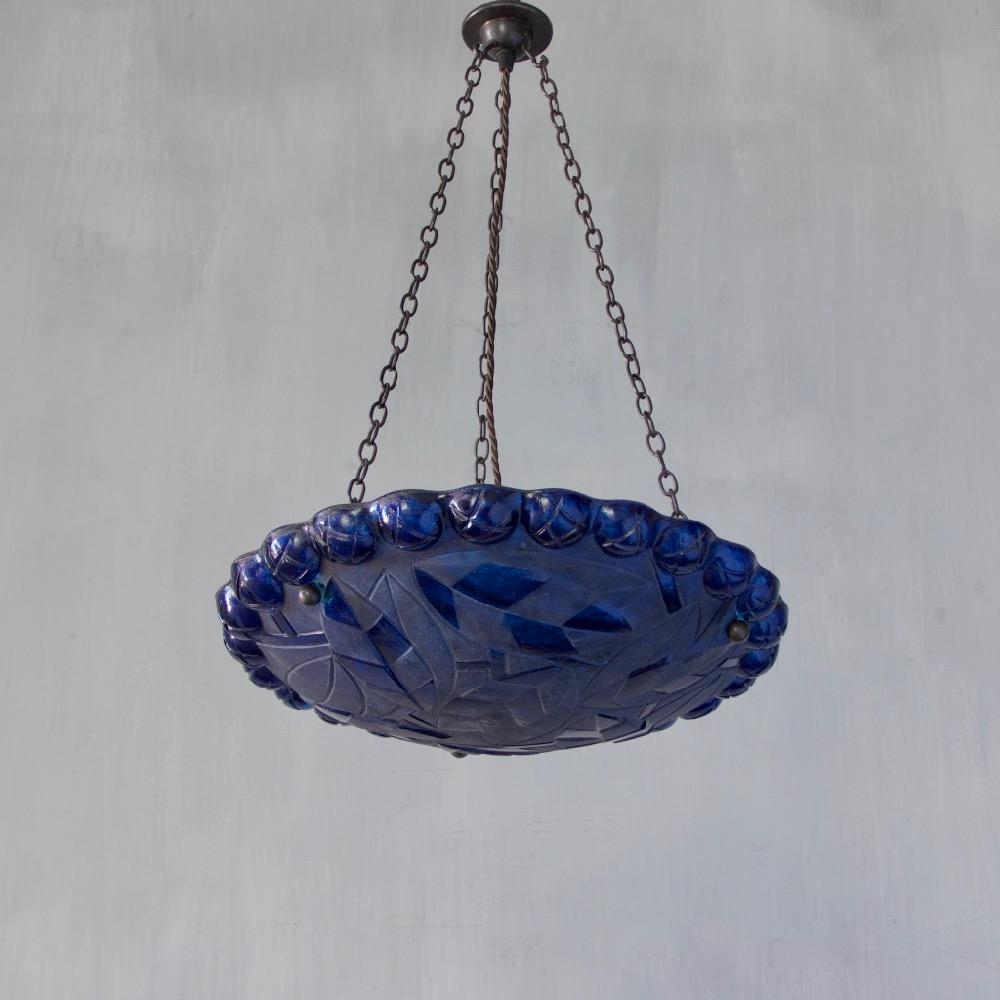 Art Deco style glass dish-shaped pendant light with blue glass-paint finish. Late 20th century.