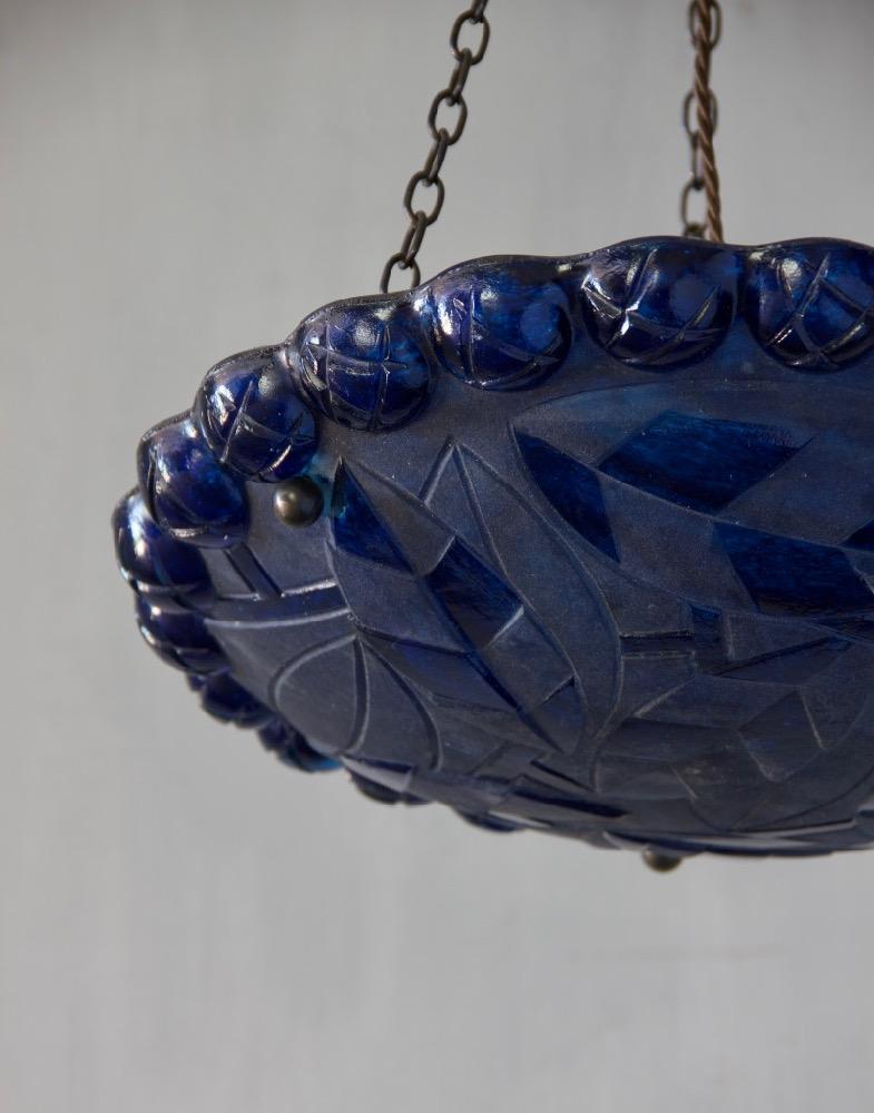 Cast Art Deco Style Glass Dish-Shaped Pendant Light Blue Glass-Paint Finish For Sale