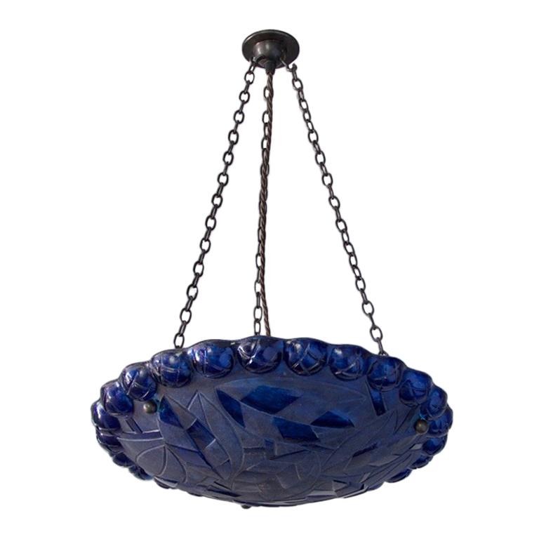 Art Deco Style Glass Dish-Shaped Pendant Light Blue Glass-Paint Finish For Sale