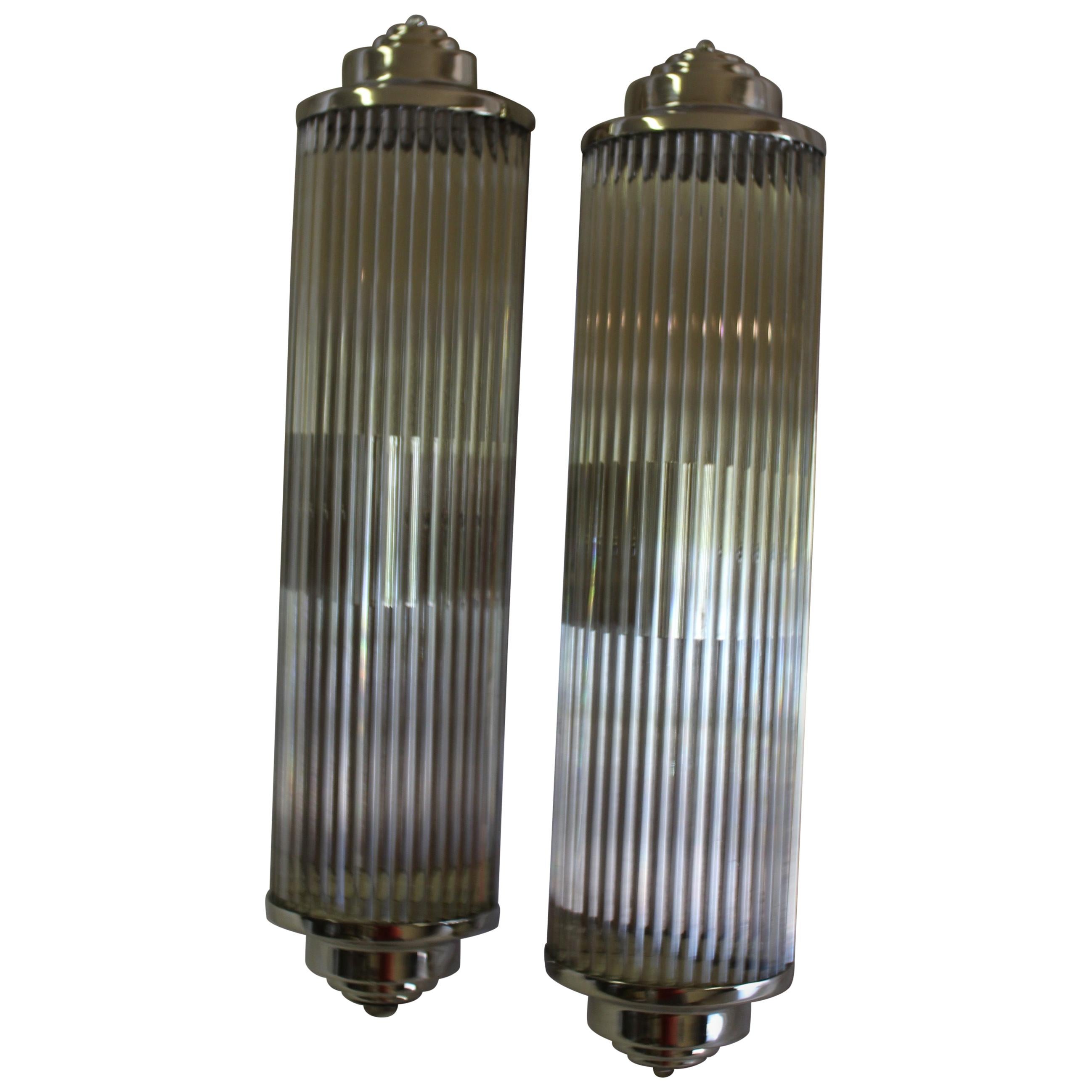 Art Deco Style Glass Rod Sconces, Hi-Polished Nickel, Double Socket