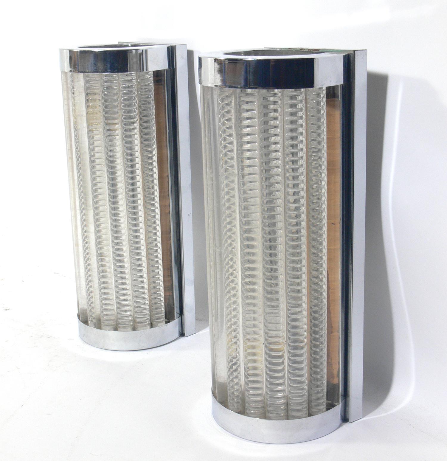American Art Deco Style Lucite Rod Sconces, Two Pair Available