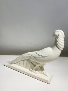 Art Deco Style Glazed White Ceramic Pheasant Sculpture, Circa 1940, France