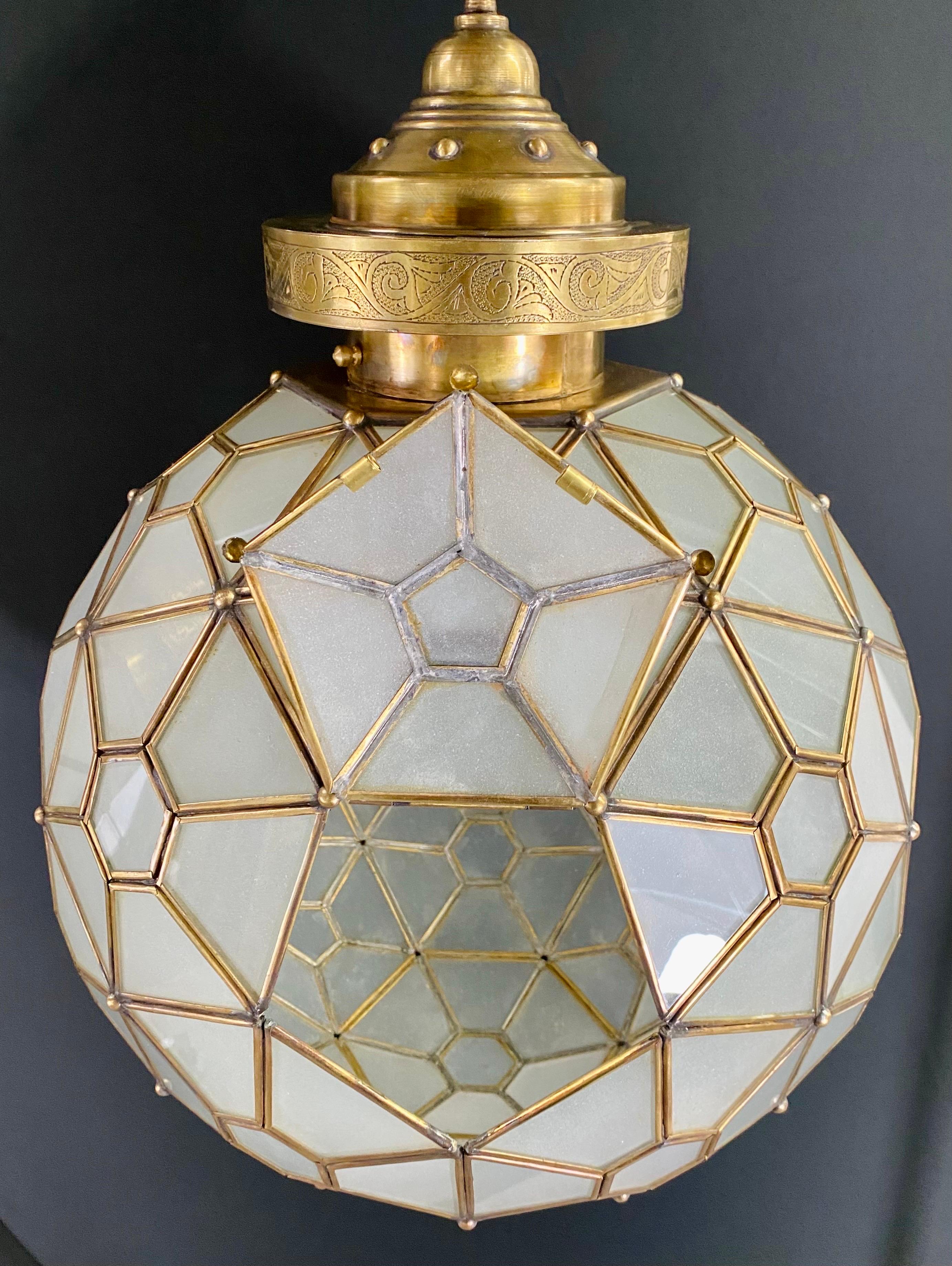 Art Deco Style Globe Milk Glass & Brass Chandelier, Pendant or Lantern, a Pair  For Sale 7