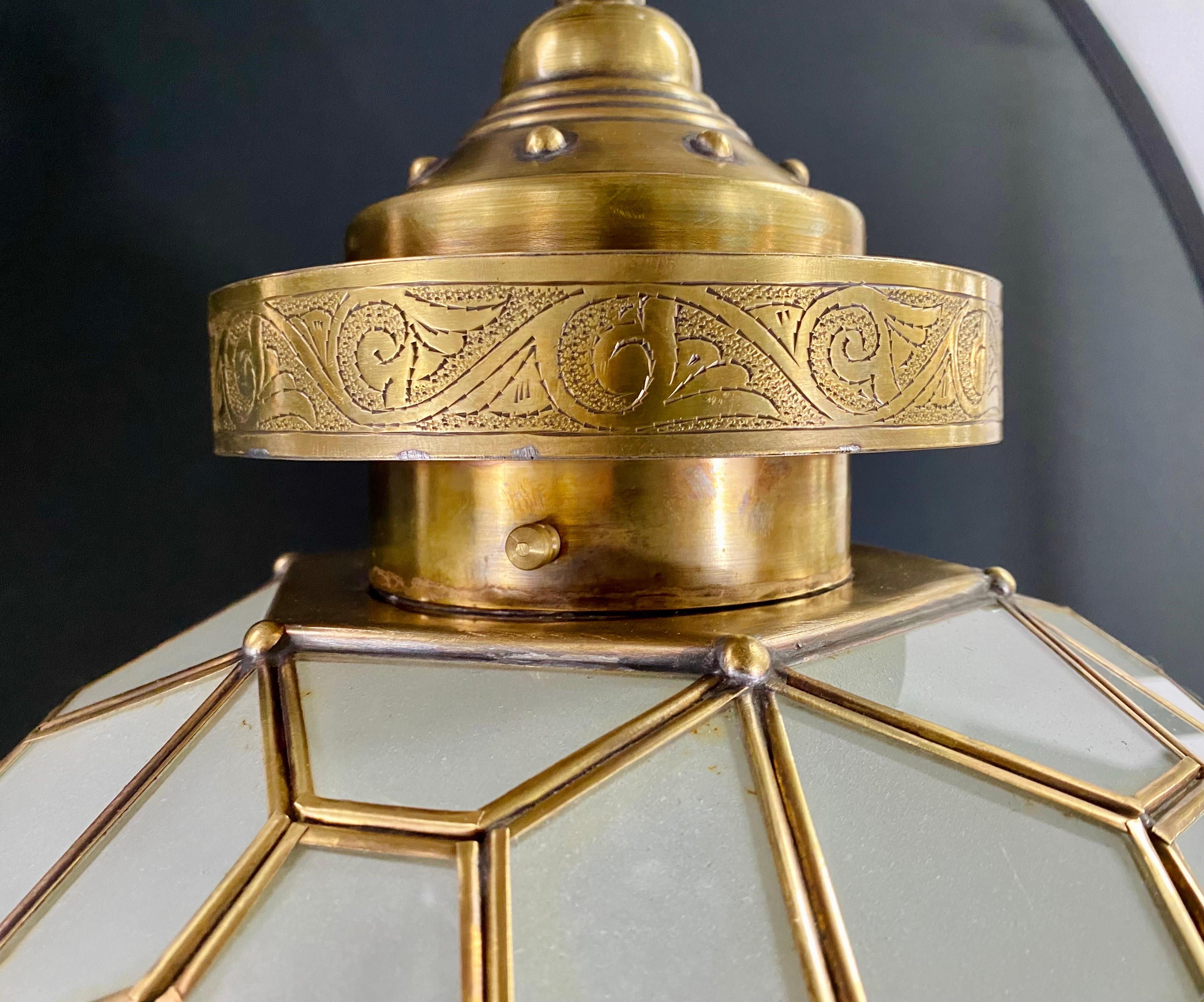 Art Deco Style Globe Milk Glass & Brass Chandelier, Pendant or Lantern, a Pair  For Sale 9