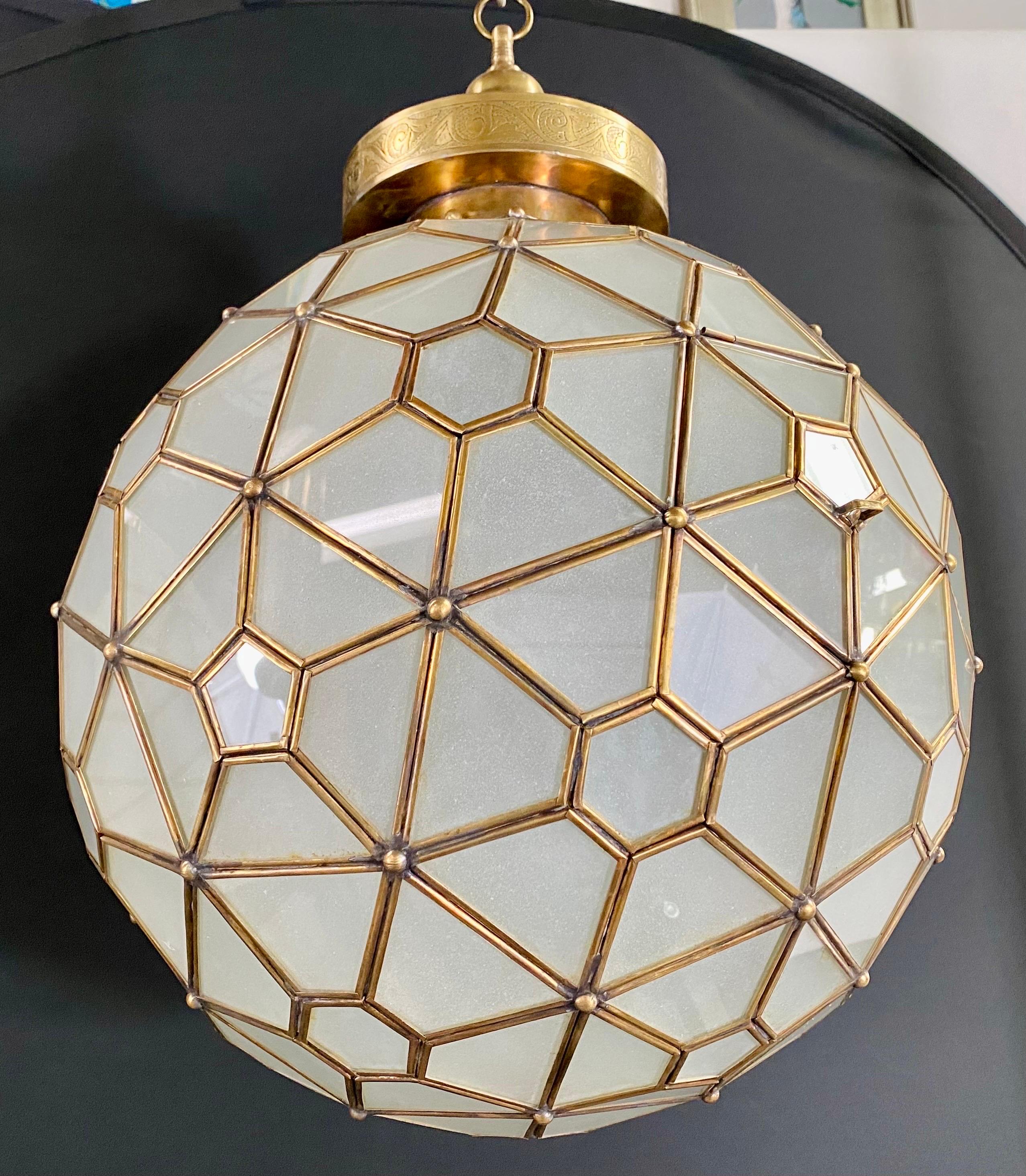 Art Deco Style Globe Milk Glass & Brass Chandelier, Pendant or Lantern, a Pair  For Sale 10