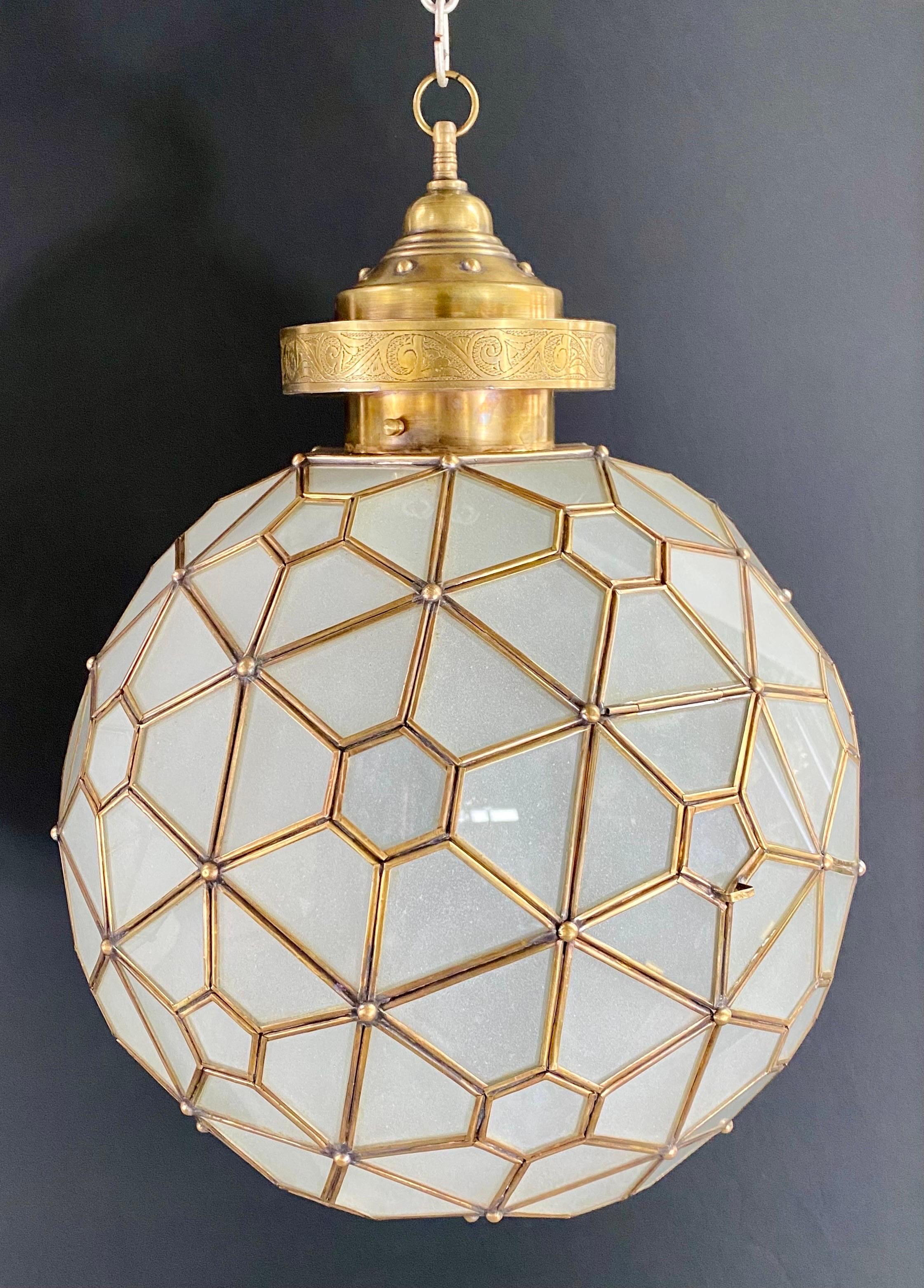 Art Deco Style Globe Milk Glass & Brass Chandelier, Pendant or Lantern, a Pair  For Sale 11