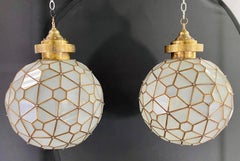 Art Deco Style Globe Milk Glass & Brass Chandelier, Pendant or Lantern, a Pair