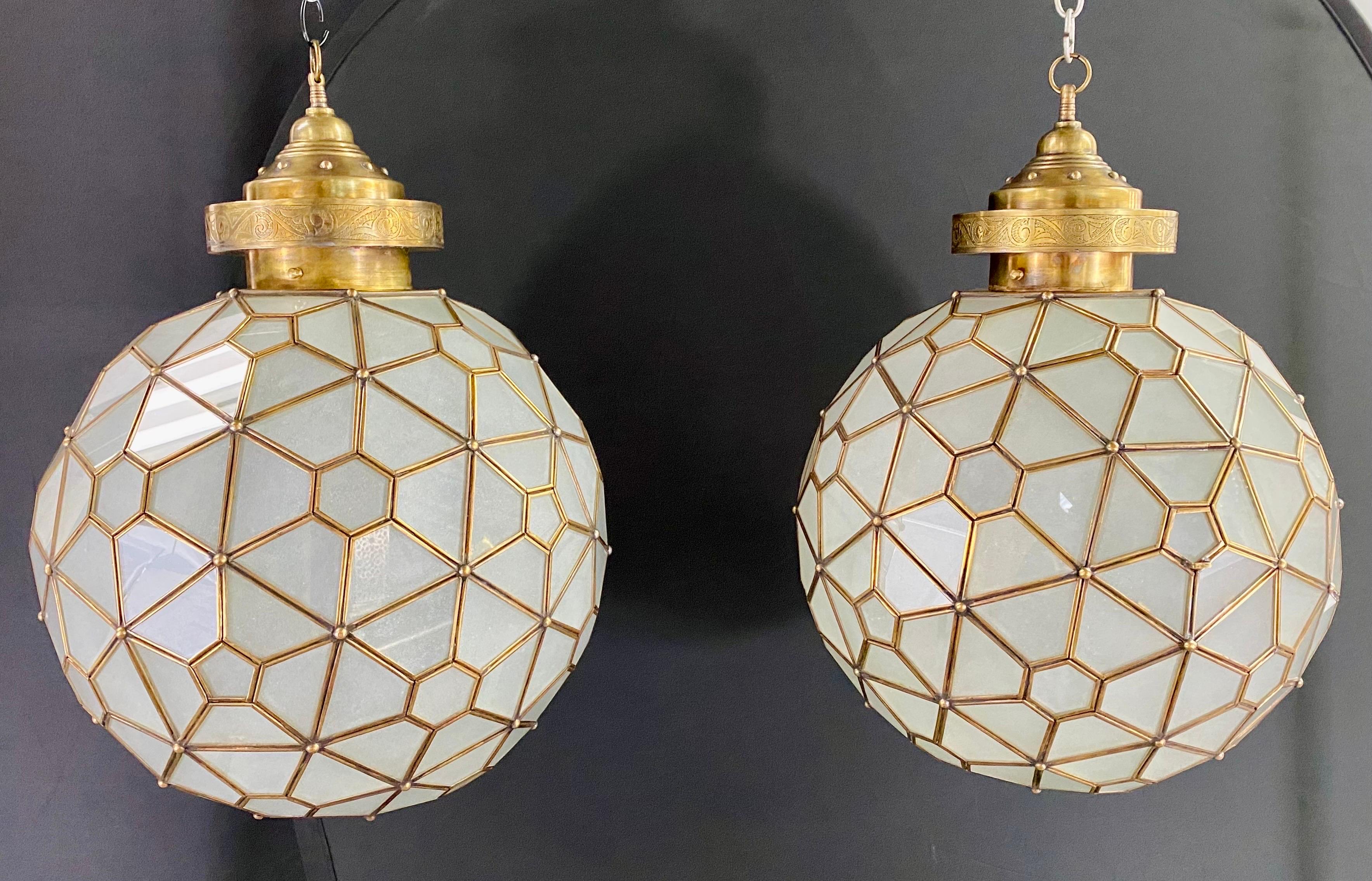 Hand-Crafted Art Deco Style Globe Milk Glass & Brass Chandelier, Pendant or Lantern, a Pair  For Sale