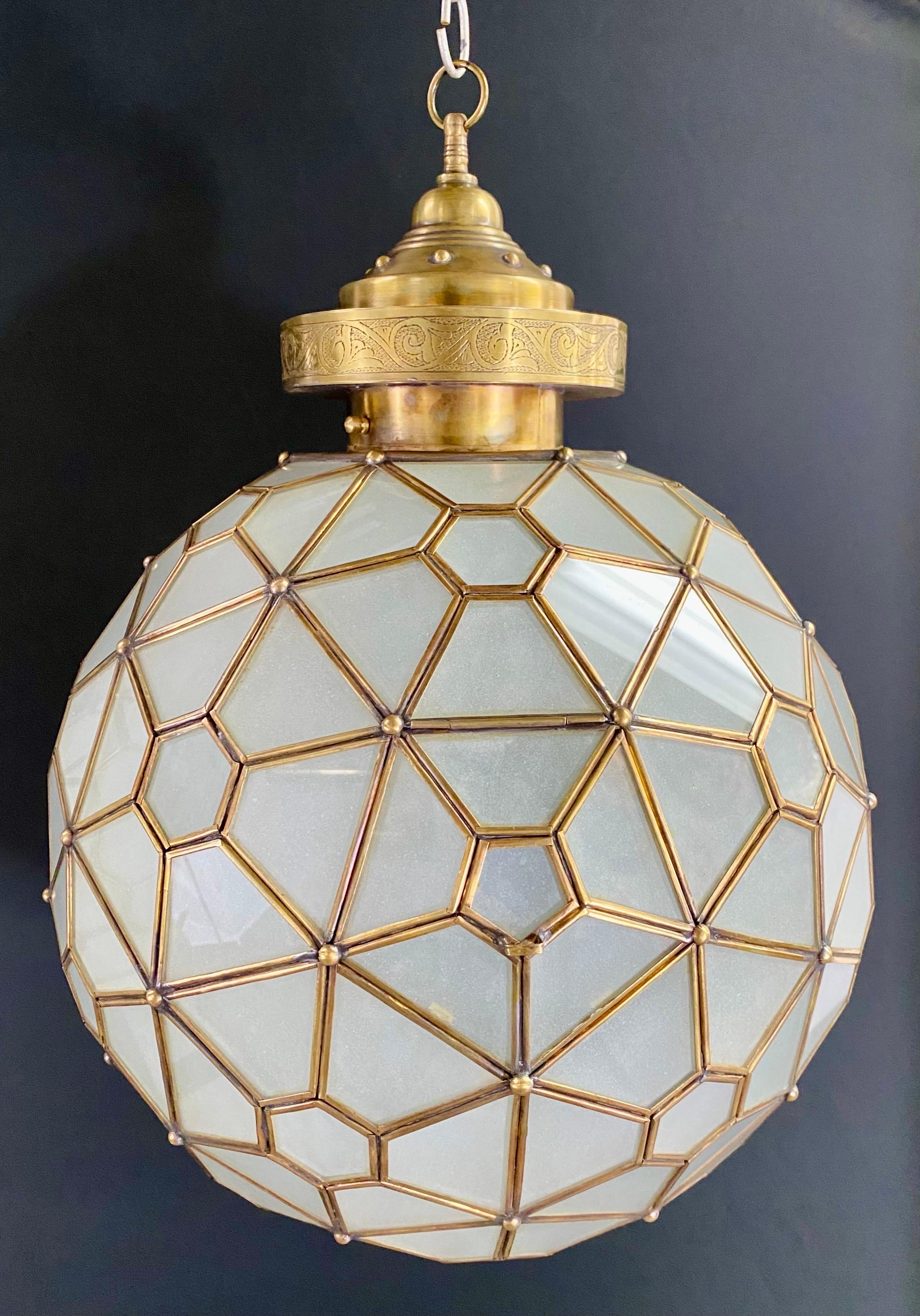 Art Deco Style Globe Milk Glass & Brass Chandelier, Pendant or Lantern, a Pair  In Good Condition For Sale In Plainview, NY