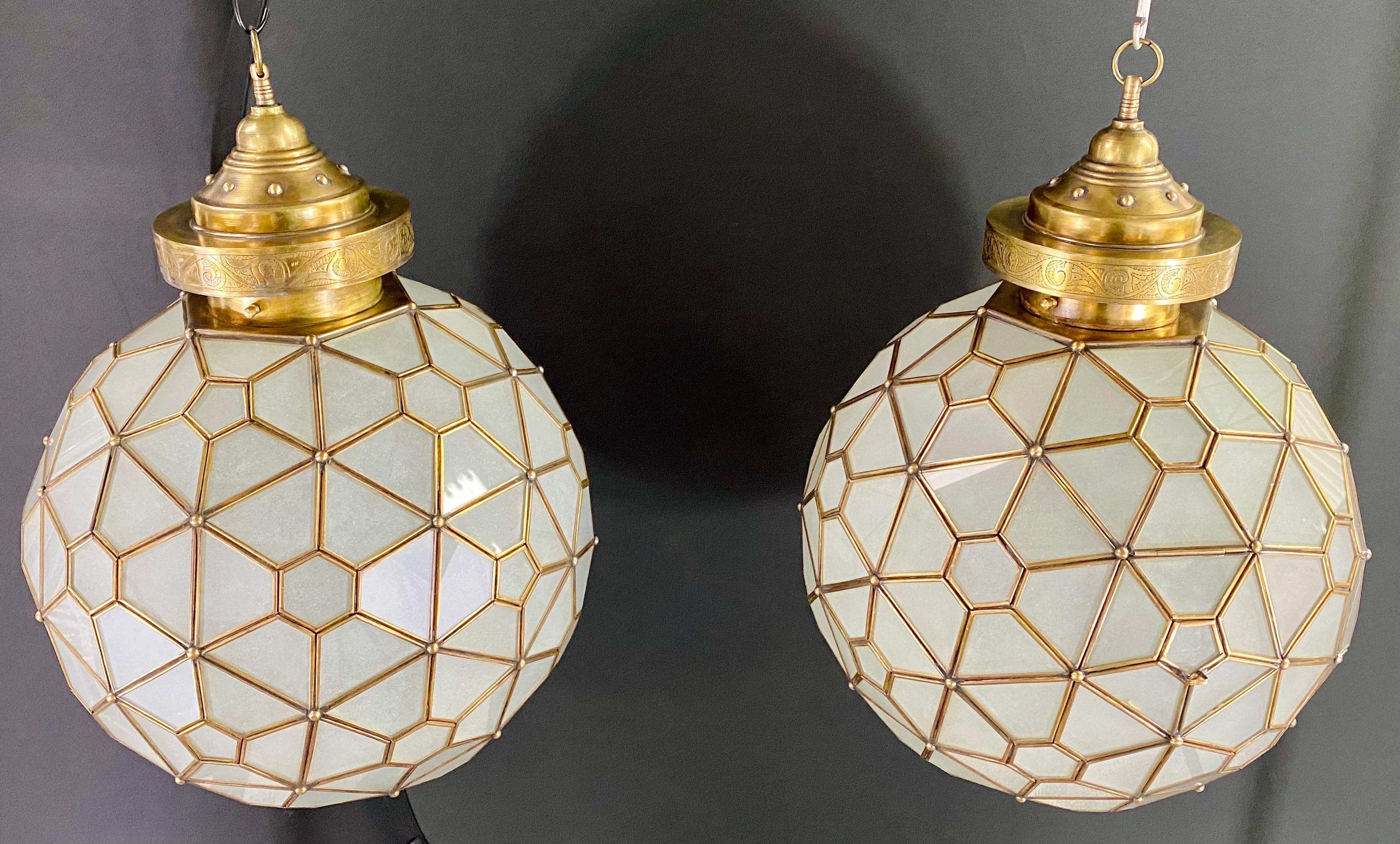 20th Century Art Deco Style Globe Milk Glass & Brass Chandelier, Pendant or Lantern, a Pair  For Sale